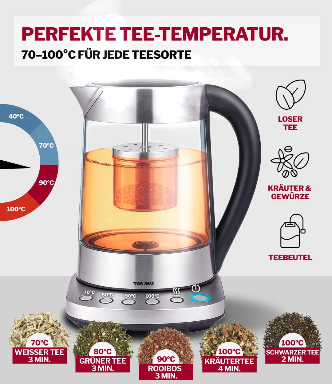 TURMIX 2in1 Teekocher elektrisch mit Wasserkocher Glas 2200W 1,5L Silber, Temperatureinstellung 70–100°C, Mit Manuell Absenkbar und Anhebbar Teesieb, 1 stunde Warmhaltefunktion