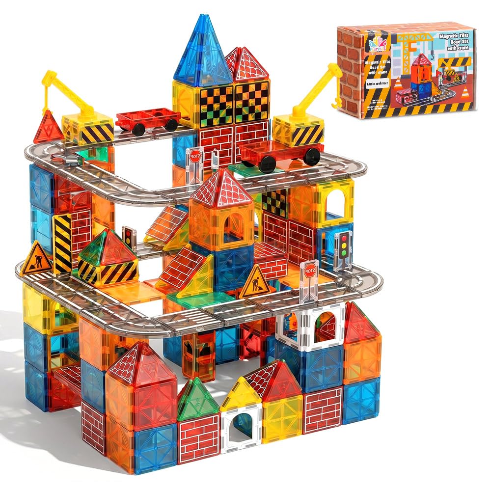 Playpals Magnetbausteine 60 Teile, Konstruktionsspielzeug, Kran Ausziehbar | Magnetische Bausteine Straße-Thema, Starke Magnetkraft, Kreatives Bauspielzeug, für Jungen Mädchen ab 3 Jahren, Mehrfarbig
