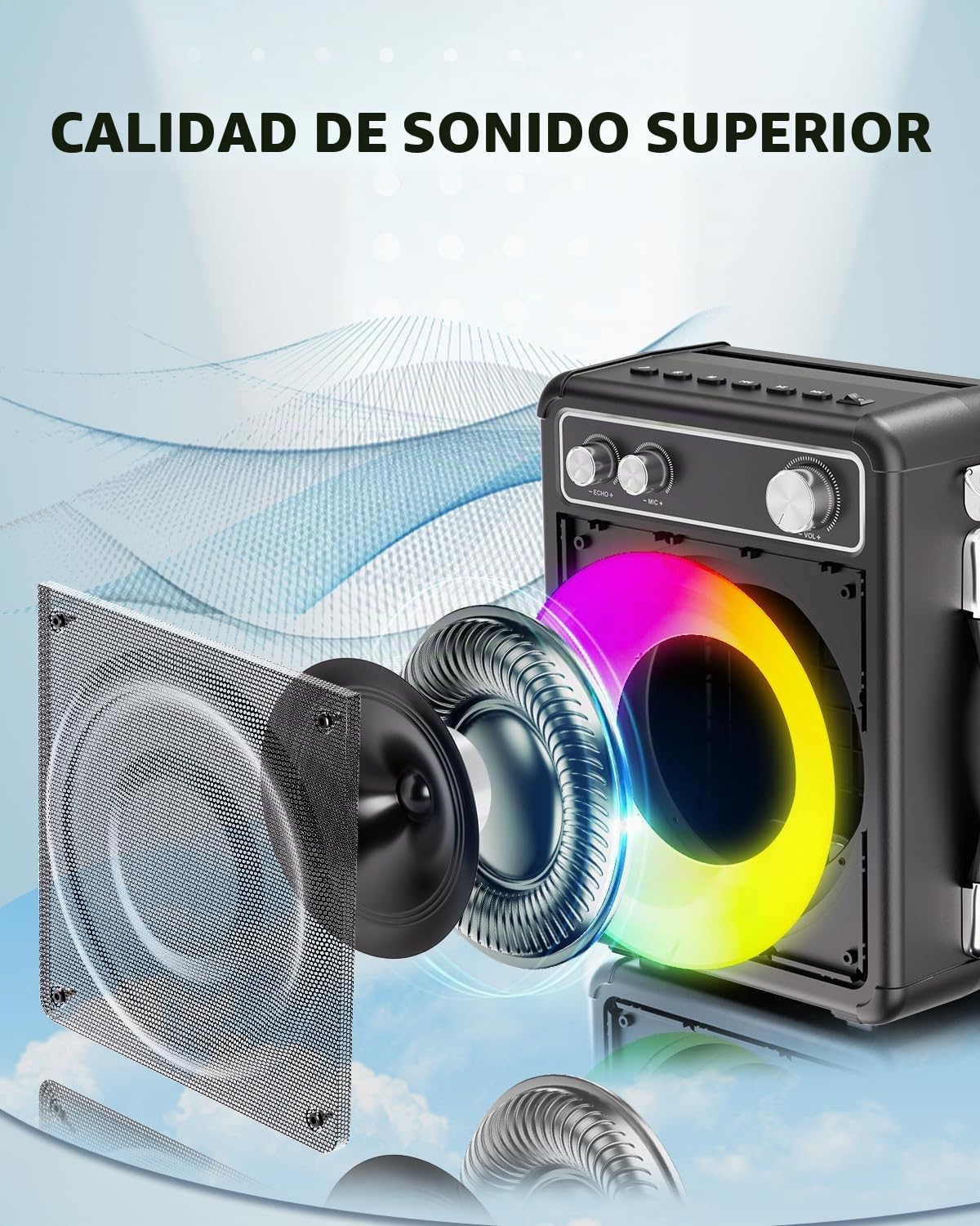 BONAOK Karaoke Profesional Inalámbricos con 2 Micrófonos, Máquina de Karaoke con luz Altavoces Bluetooth Sistema PA Soporte FM/USB/TF Card/Rec/AUX para la Fiesta al Aire Libre/Interior