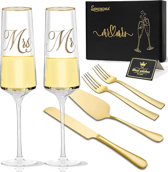 SEMONONIA Mr and Mrs Champagne Flutes, Wedding Cake Cutting Set of 6, Bride and Groom Champagne Glasses, Wedding Cake Knife and Server Set, Bridal Shower Gift, Engagement for Couple Newlyweds