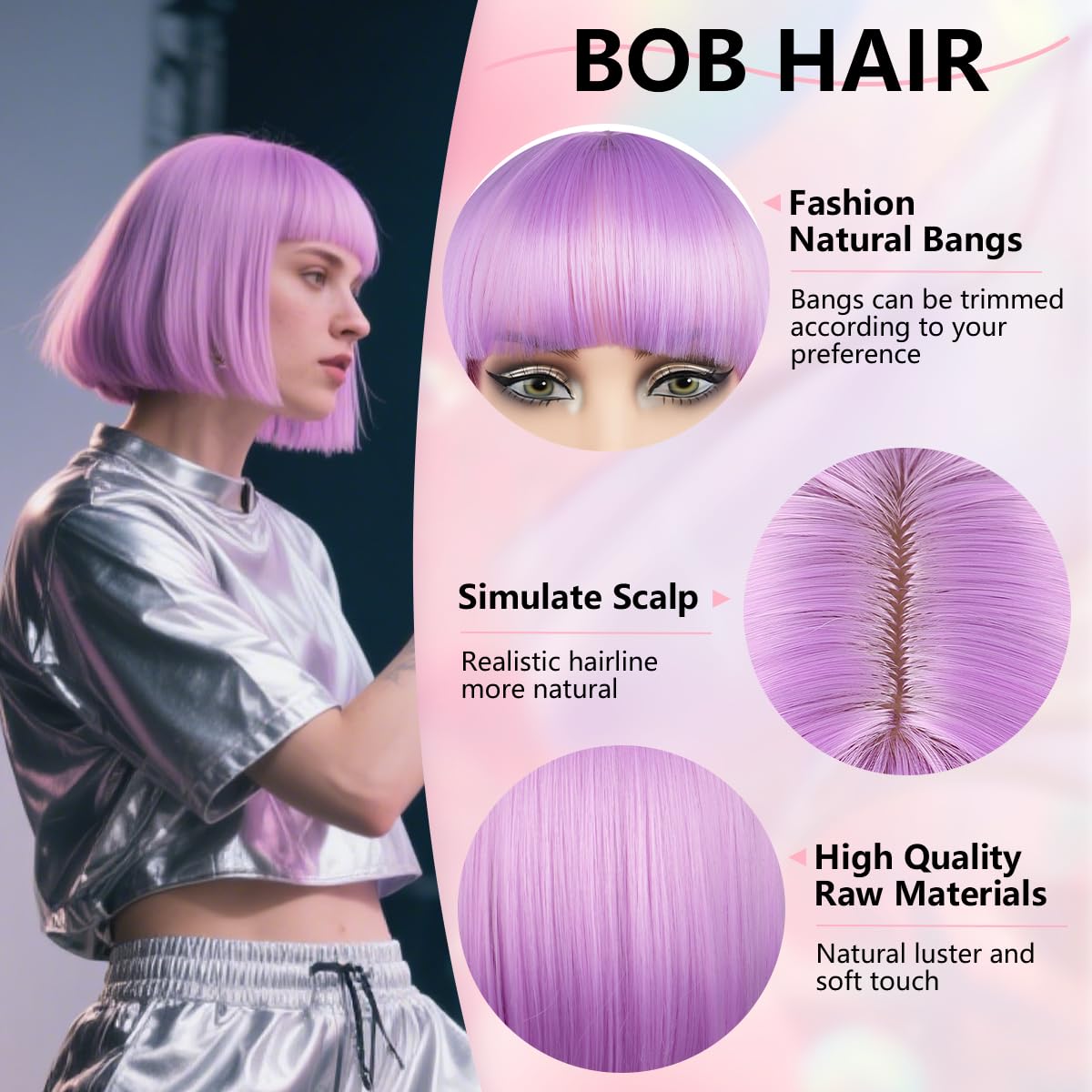 Short Bob Wig with Bangs Purple 12Inch Synthetic Straight Colourful Bob Wig for Women Girls Cosplay Christmas Halloween Party 160g Heat Resistant Fiber Hair Fashion Looking (Light Purple) - Image 3