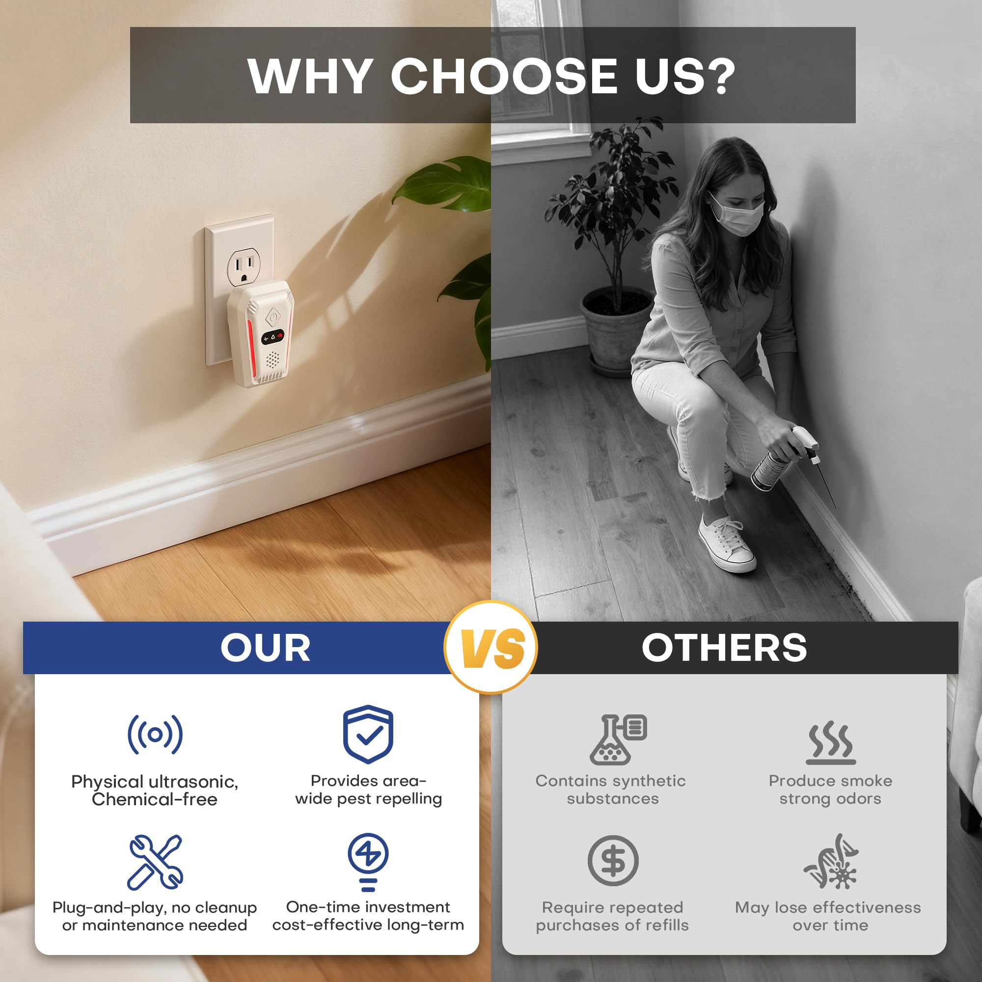 Paquete de 6 repelentes ultrasónicos de plagas, repelente de insectos ultrasónico para interiores con 3 modos de ajuste automático, repelente de insectos para cucarachas, ratas, ratones e