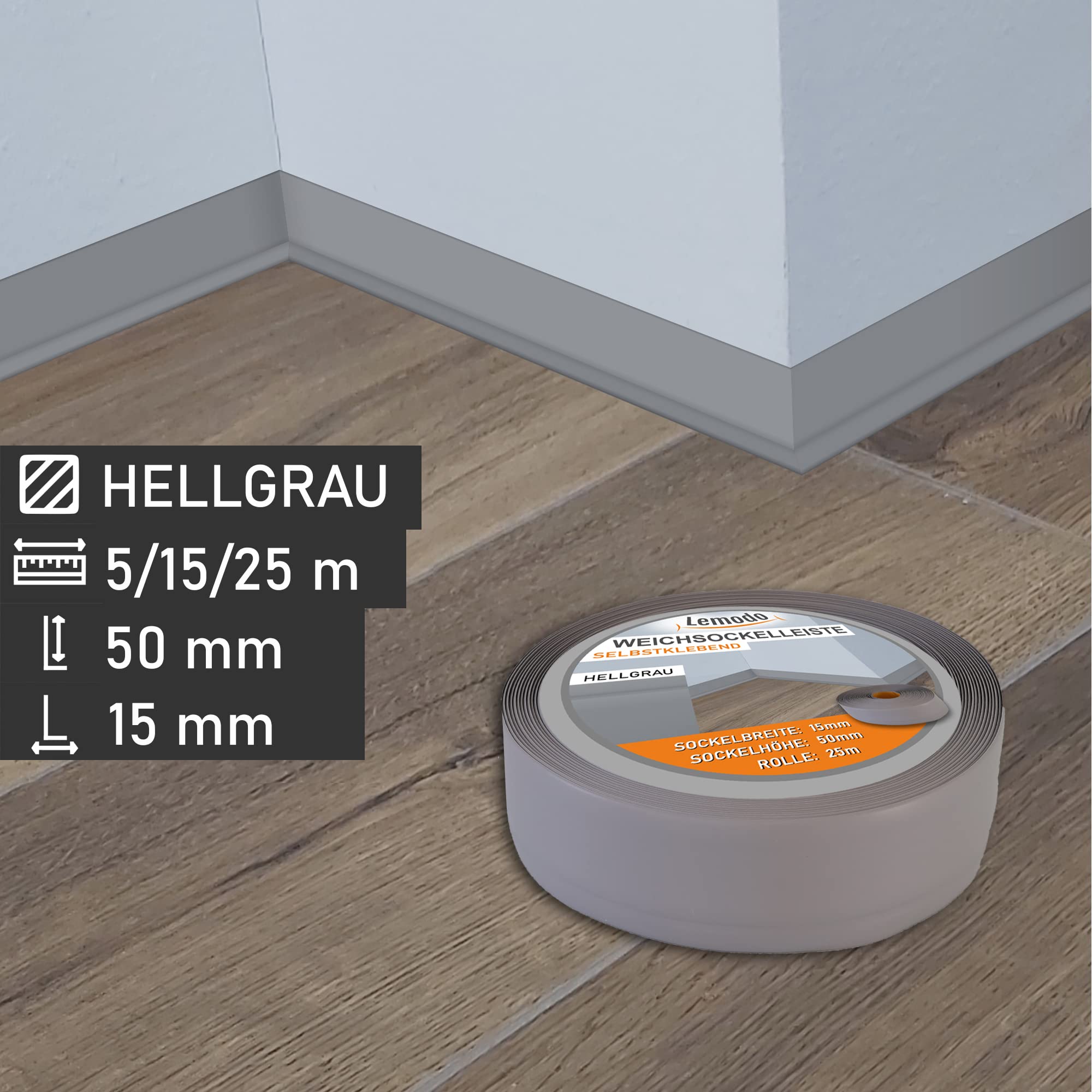 Sockelleiste LEMODO - 50 x 15 mm (Länge: 25 m, Farbe: hellgrau) - Fußleisten zuschneidbar – Weichsockelleiste selbstklebend aus PVC – Abschlussleiste Küchenarbeitsplatte, Bad, Arbeitsplatte etc.
