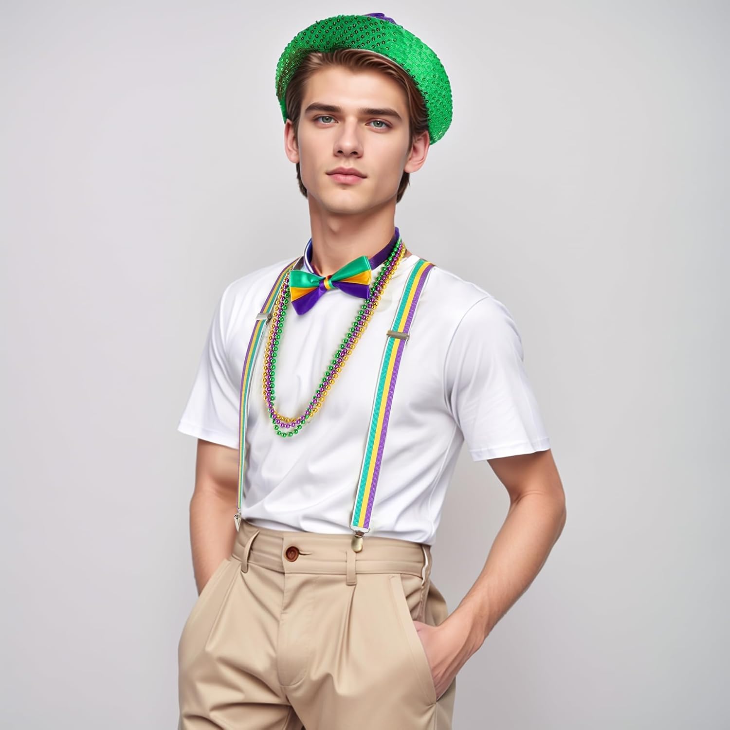 6Pcs Mardi Gras Accessories Set for Men Women - Sequin Cowboy Hat, Bow Tie, Suspender, 3Pcs Beads Necklaces - Image 6