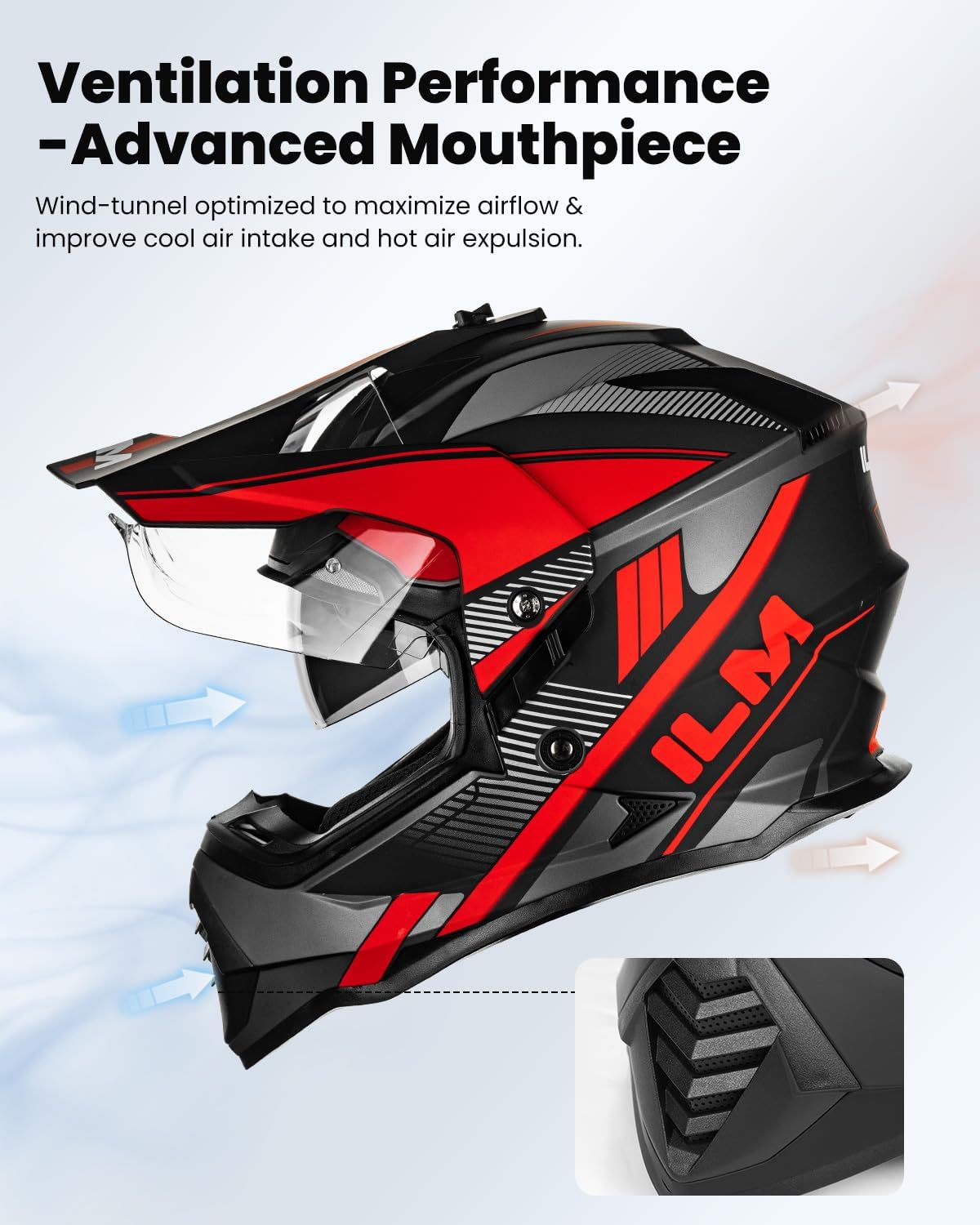 ILM Dual Sport Adventure Motorcycle Helmet with Pinlock Compatible Sun Visor Snowmobile ATV Dirt Bike Off Road Casco Model WS902 RedBlack X-XLarge