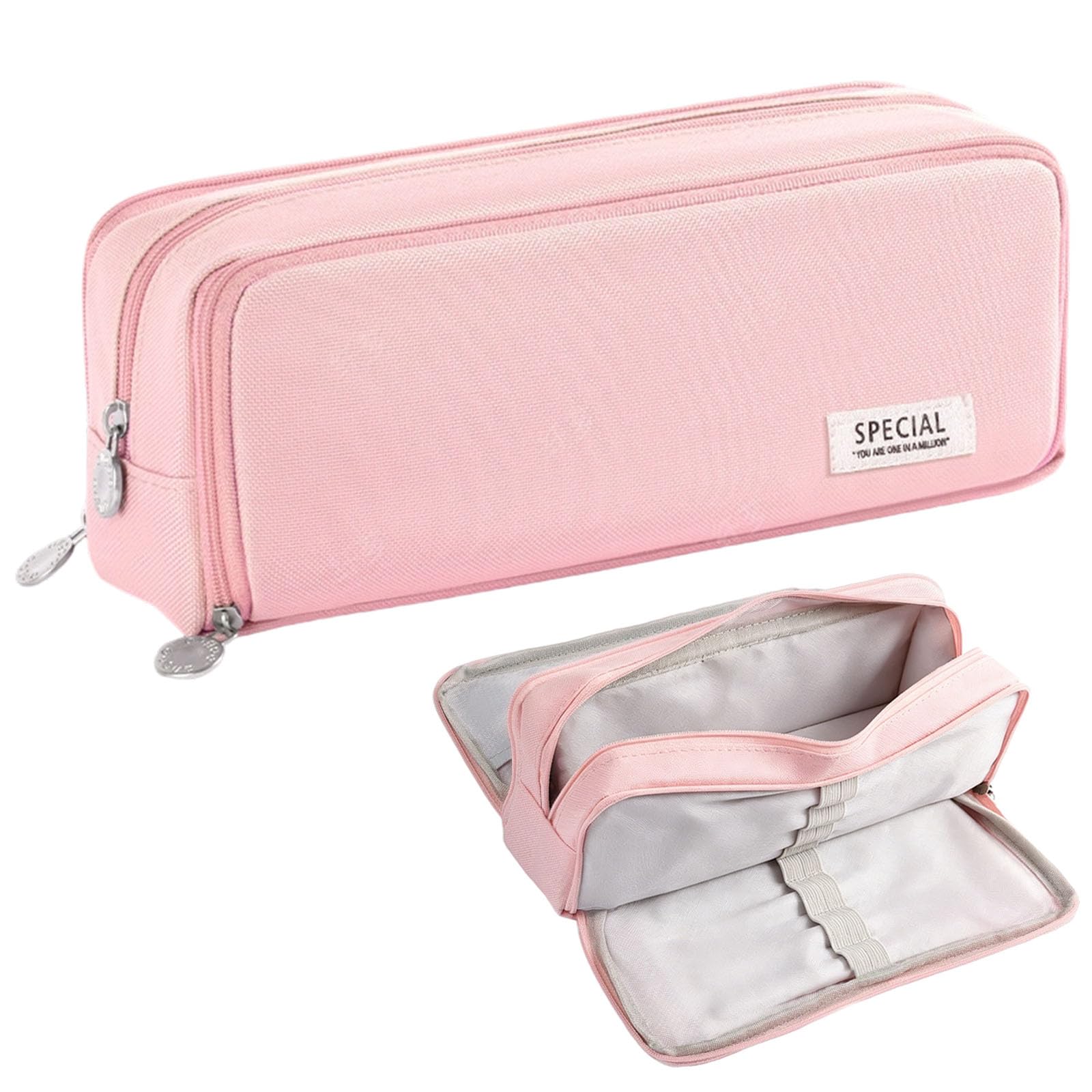 DOINEUFL Pencil Case, Large Capacity Black Canvas Pouch with 3 Compartments, Stationery Storage Bag for Girls Boys (Pink)