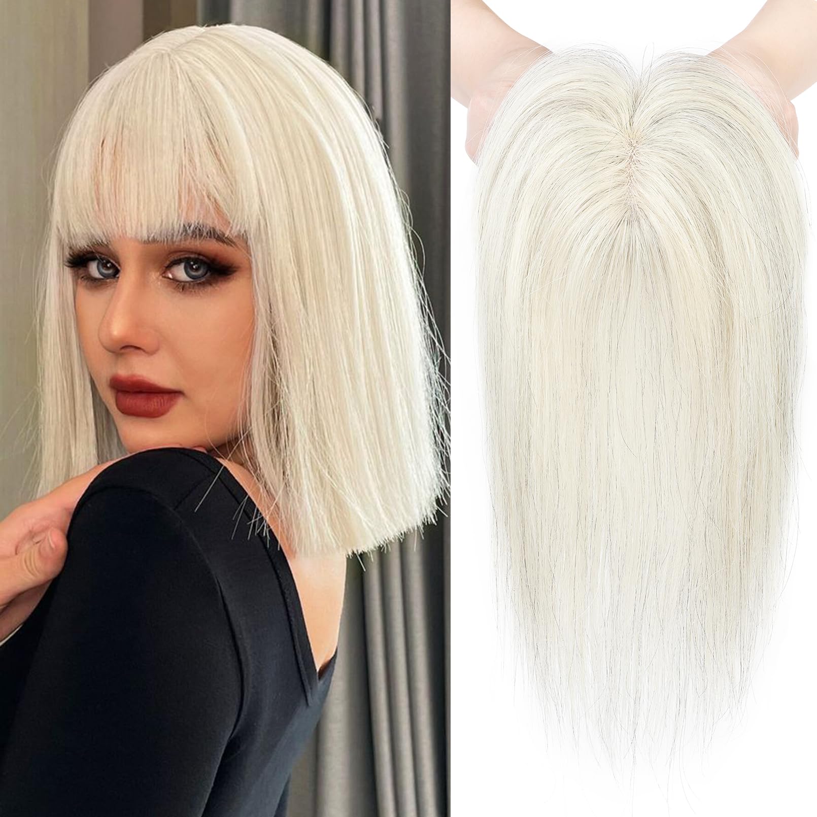 REECHO Hair Toppers for Women Real Human Hair, Hair Toppers with Bangs, Topper Hair Pieces for Women with Thinning Hair, Clip In Hair Topper Top Hair Extensions 10 Inch - Sliver White
