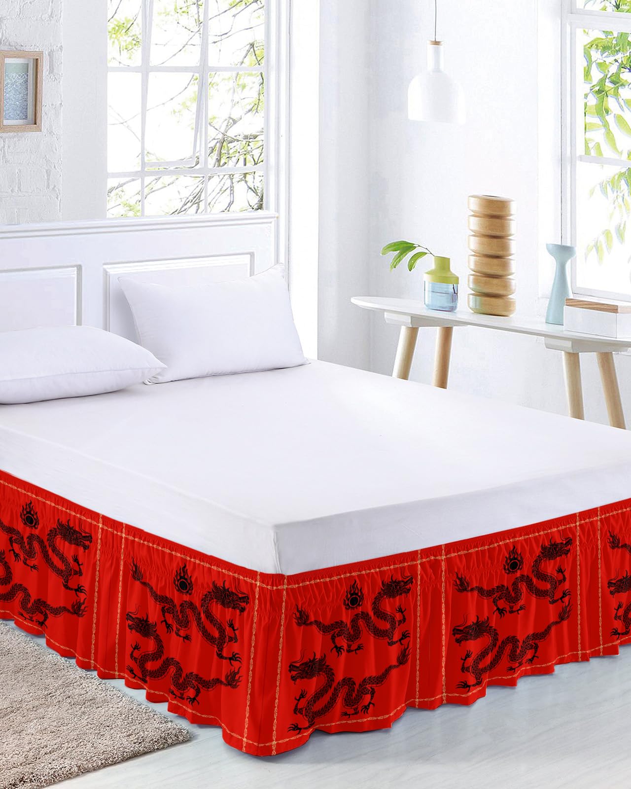 Traditional Dragon Bed Skirt Queen Size 16 Inch Drop, Adjustable Elastic Wrap Around Bed Skirts Pleated Bed Ruffles Bedskirt Valance for Bedroom Hotel Oriental Chinese Red Gold Black