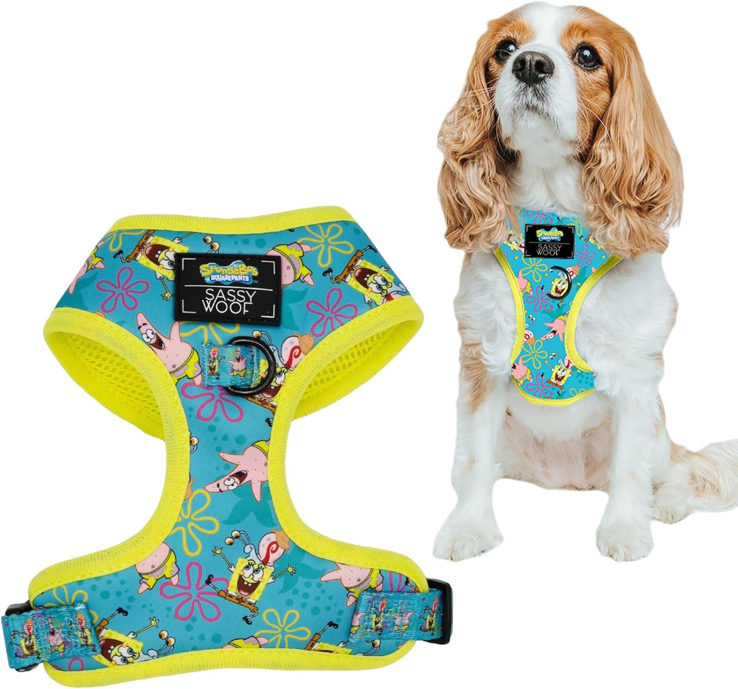 Sassy Woof Dog Adjustable Harness - Spongebob Squarepants™ Jelly Fishin' - XL, Breathable Mesh, No Pull Design with Two D-Rings, Patented Design, Ideal for Extra Large Dogs - Officially Licensed