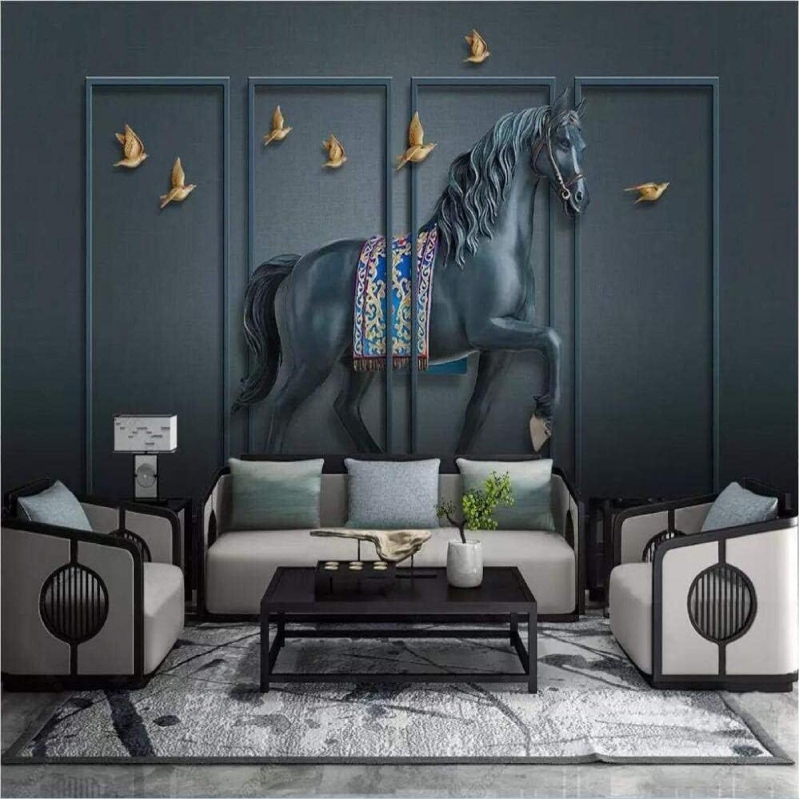 Papel pintado 3D premium textura seda con arte relieve de caballos 300cm x 210cm
