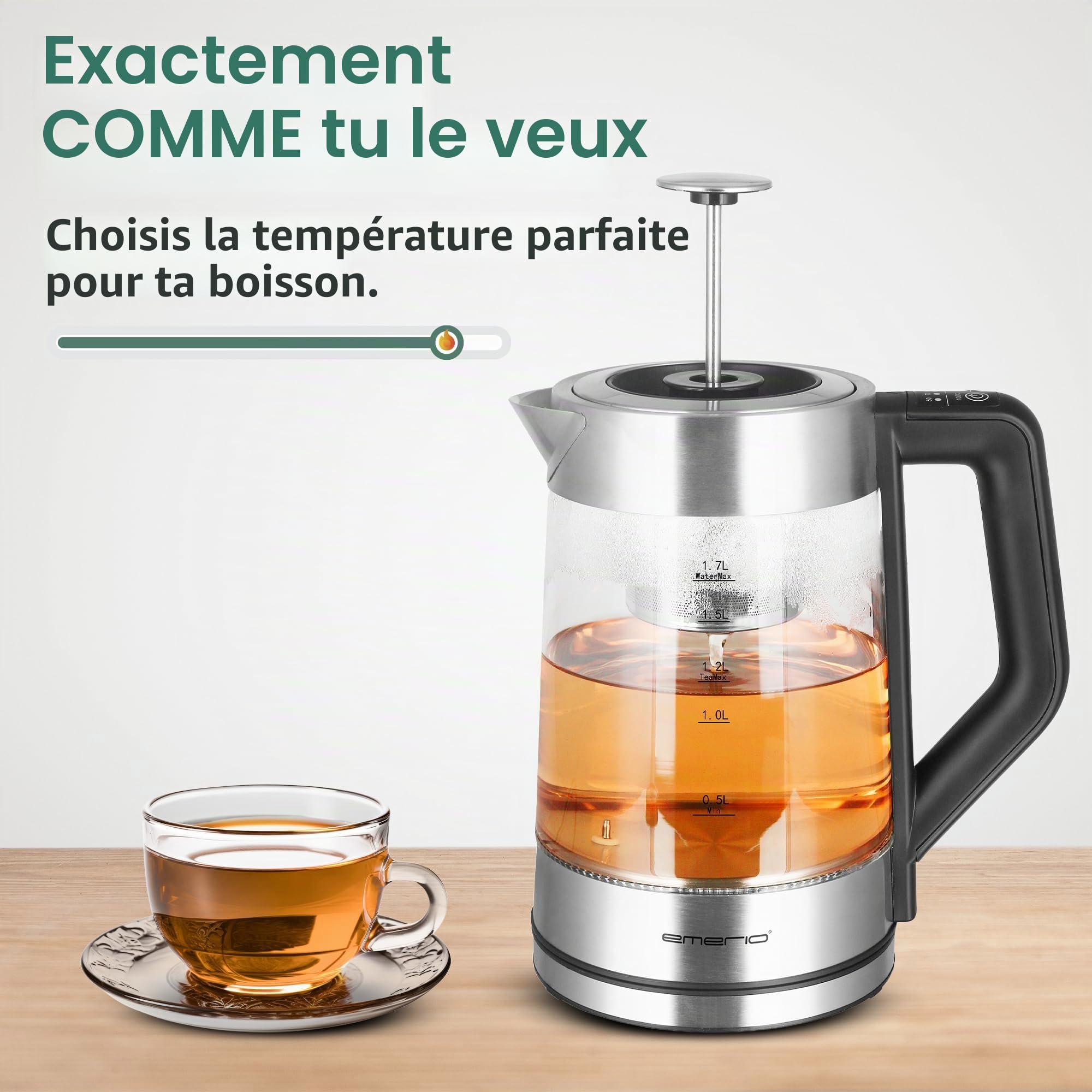 Emerio WK-122730 Bouilloire en verre avec sélection de température [50|70|80|90|100 °C], bouilloire bouilloire manuelle en acier inoxydable amovible, verre borosilicate, volume 1,7 l, 2200 W, argent