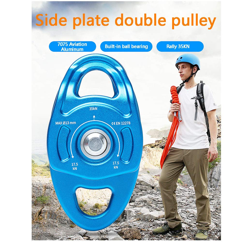 NANANA Polea Doble de Aleación de Aluminio 35KN Tirolina Cable de Rescate Carretilla Polea Lateral, Equipo de Escalada al Aire Libre Trabajo Aéreo Montañismo Tándem de Elevación, 113x60mm