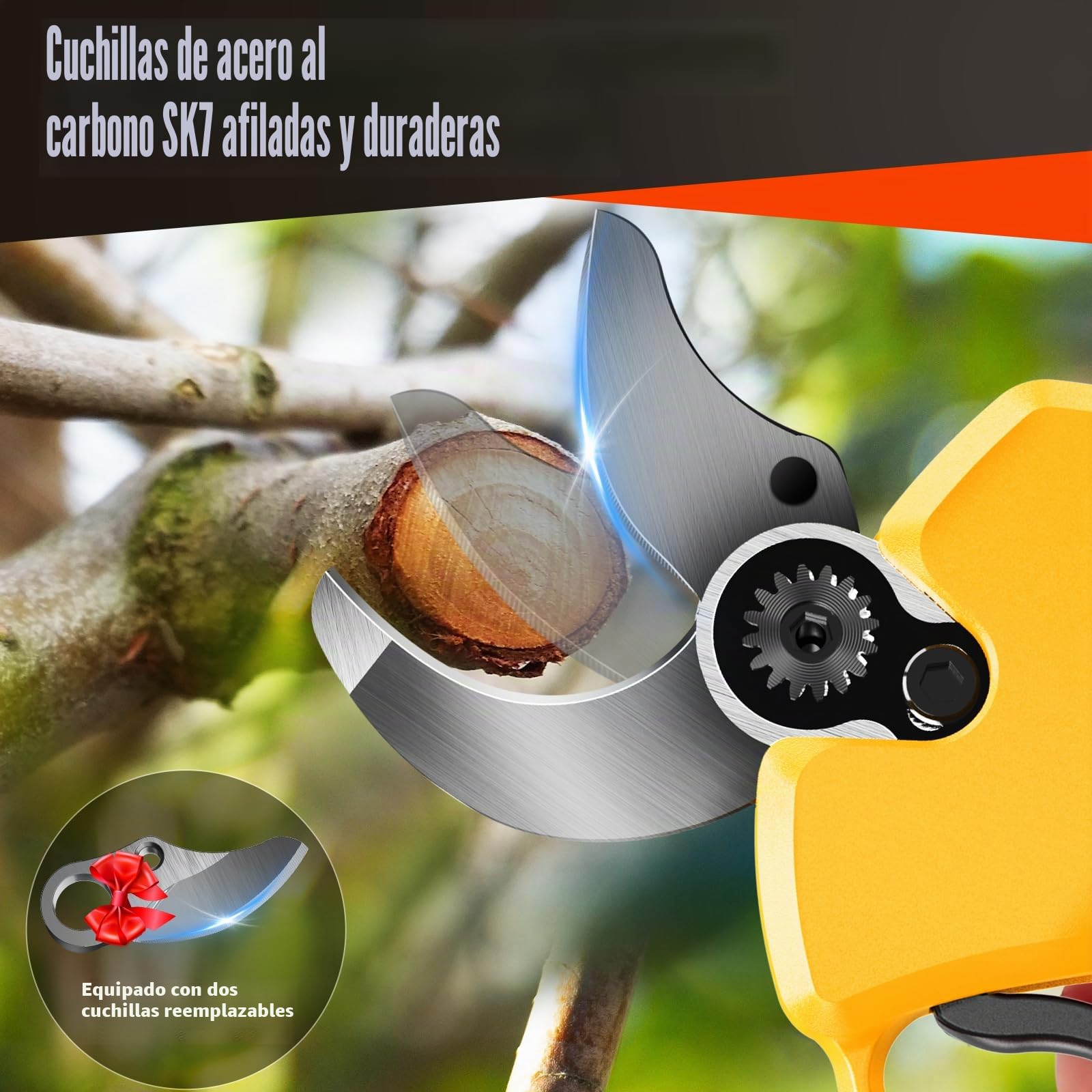 Tijeras de Podar Electricas, Apertura Máxima de La Hoja 40-50 mm, 2*2Ah Batería Sk7 cuchilla, 2 Tamaños de Apertura con Monitor, Tijeras de Podar con Motor Brushless para Jardinería,Árboles Frutales