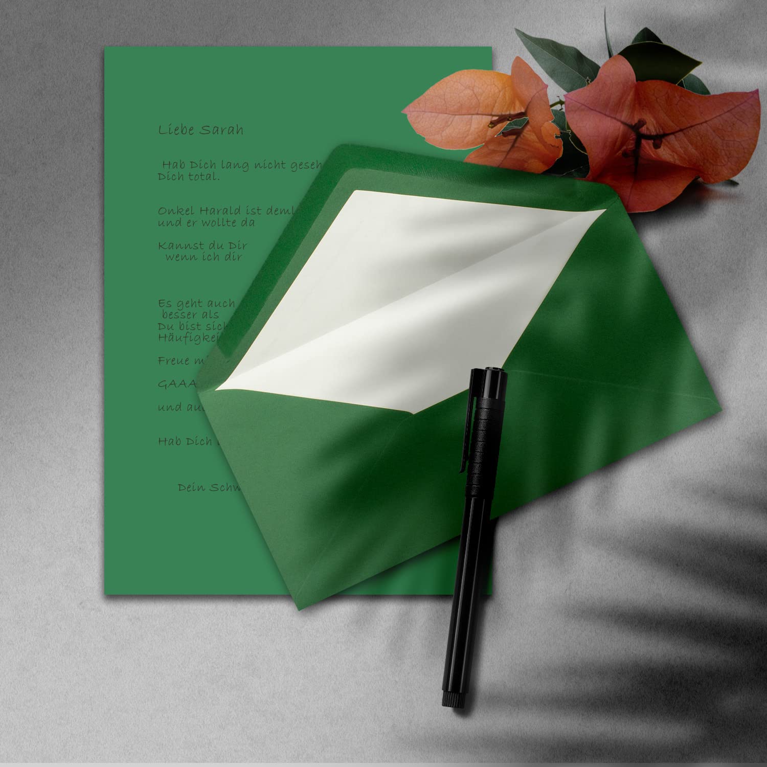 Set di 400 buste di carta da lettere formato DIN A4 e DL, foderate con fodera in seta bianca, incollaggio a umido, verde scuro, carta da scrittura opaca