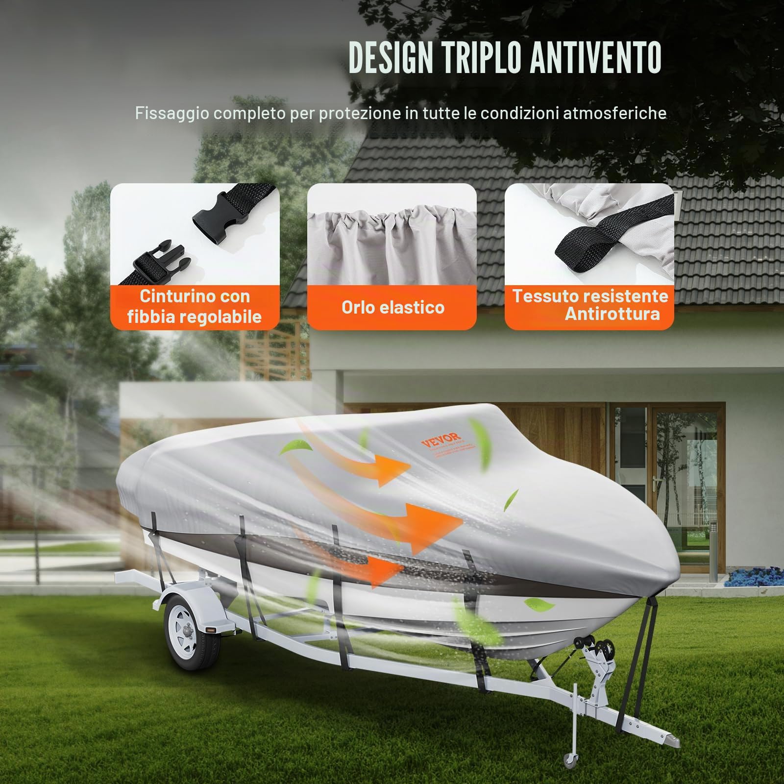 VEVOR Telo Copribarca Impermeabile Telo Copribarca Lunghezza 518-579cm Larghezza 243cm Scafo a V Telo Protettivo per Barca 600D Oxford Anti-UV con Borsa Barca a Motore da Traino Yacht