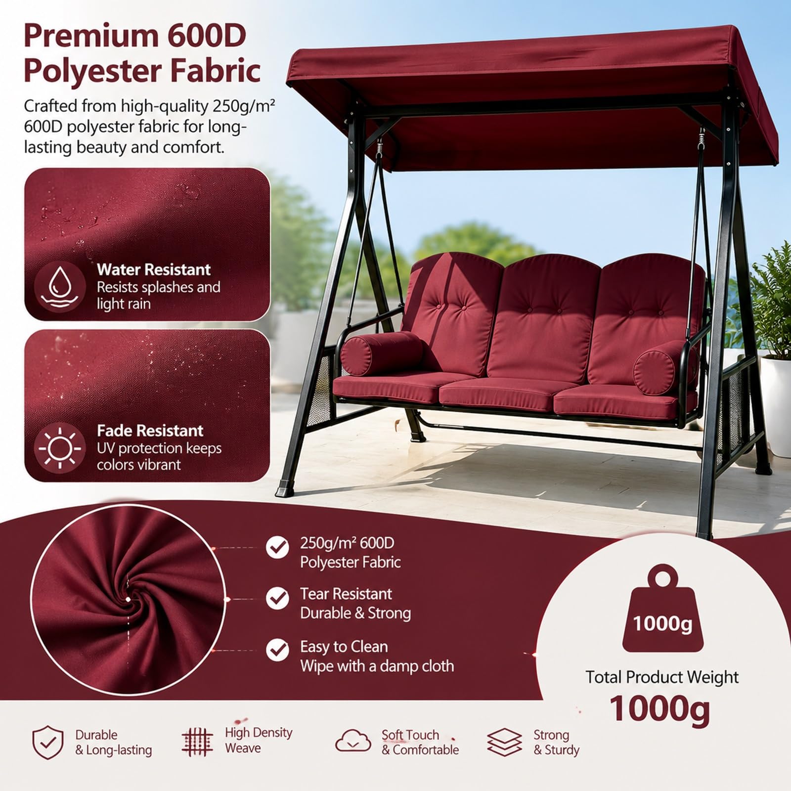 Tettuccio di ricambio per dondolo 3 posti impermeabile da giardino | Tessuto poliestere 600D 250g/m², resistente agli strappi, protezione solare(Khaki,75.59*48.82*8.27*6.30in)