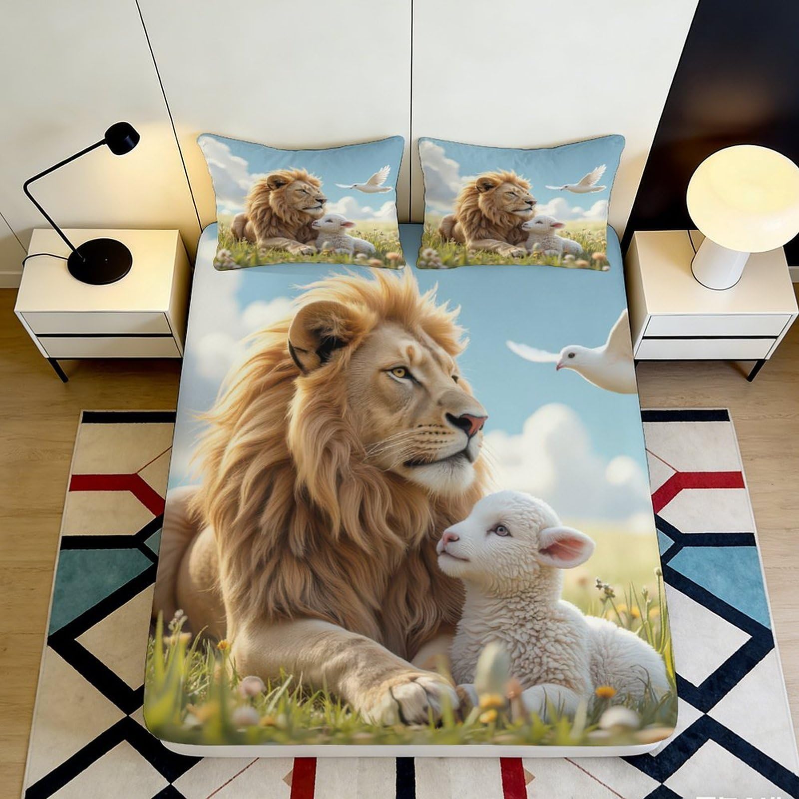 3D Printed Lion and Lamb Fitted Sheet Microfiber Soft Breathable Sheep Pattern Bed Cover for Bedroom Dormitory Guest Room Mattress Protection 120x200x25cm