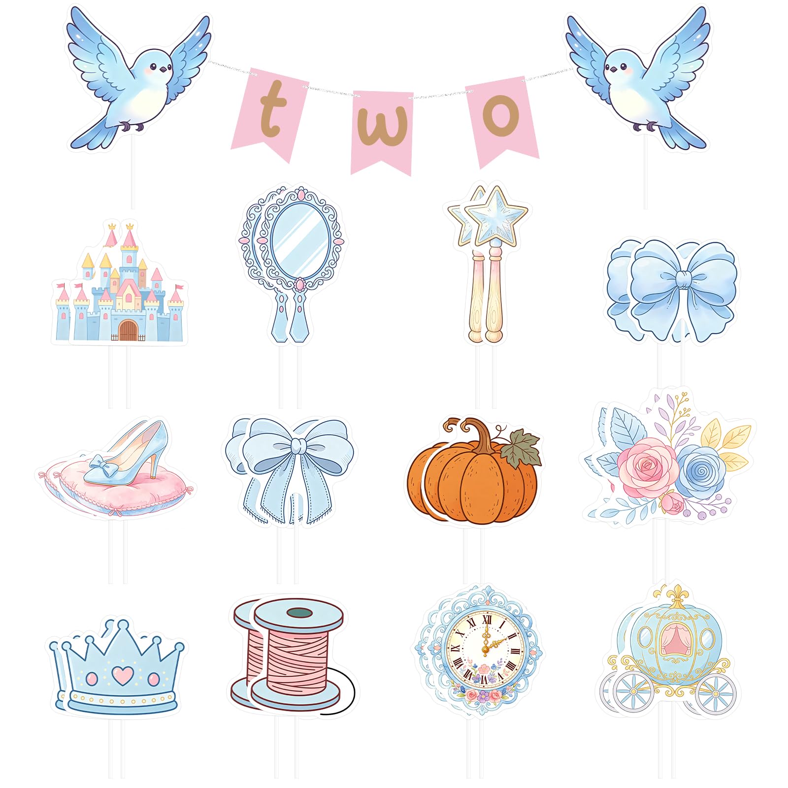 24Pcs Princess Cake Toppers Birthday Decorations Cupcake, Cute Cupcake Toppers Glitter Pink Blue for Princess Cake Decorations Baby Shower Party, 1 Mini Banner Included