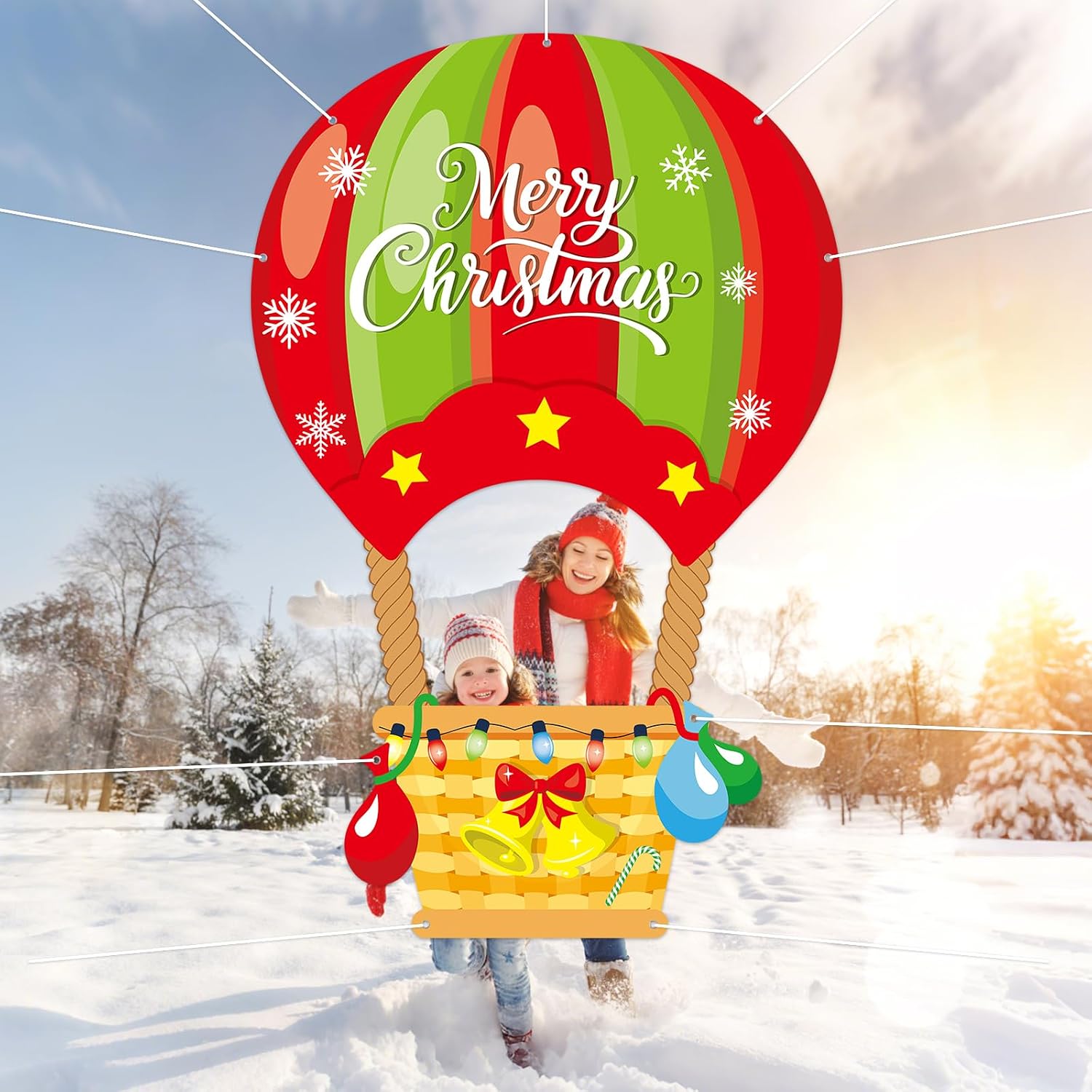 Christmas Photo Prop Decoration Hot Air Balloon Photo Prop Frame Large Merry Christmas Hot Air Balloon Backdrop Banner Xmas Party Frame for Winter Holiday Birthday Party Decoration 78x51in (Red Green)