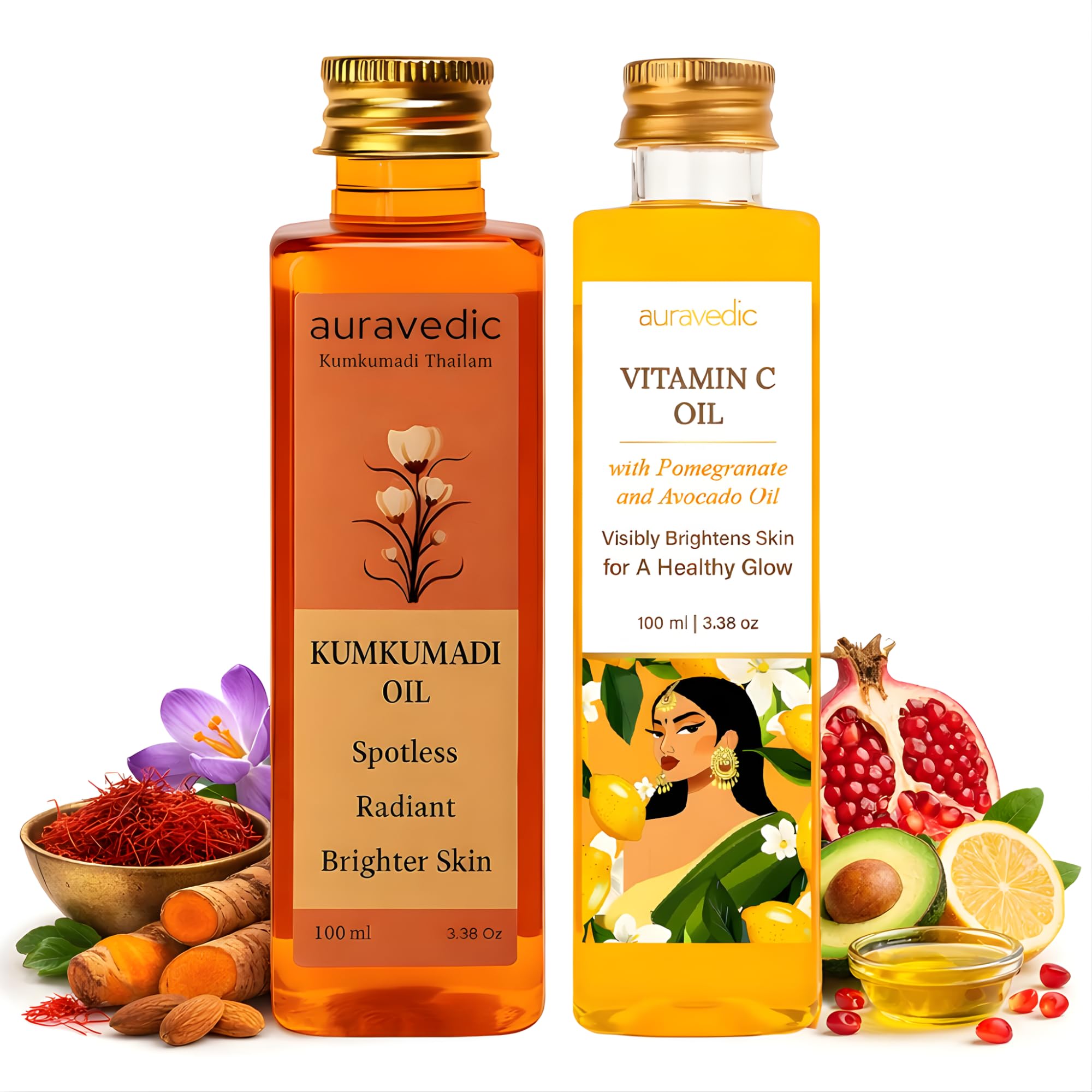 Kumkumadi Tailam & Vitamin C Face Oil, Pack of 2 (100ml Each), Glow-Boosting Face & Body Oil With Rosehip For Bright, Radiant Skin, After Bath Daily Use