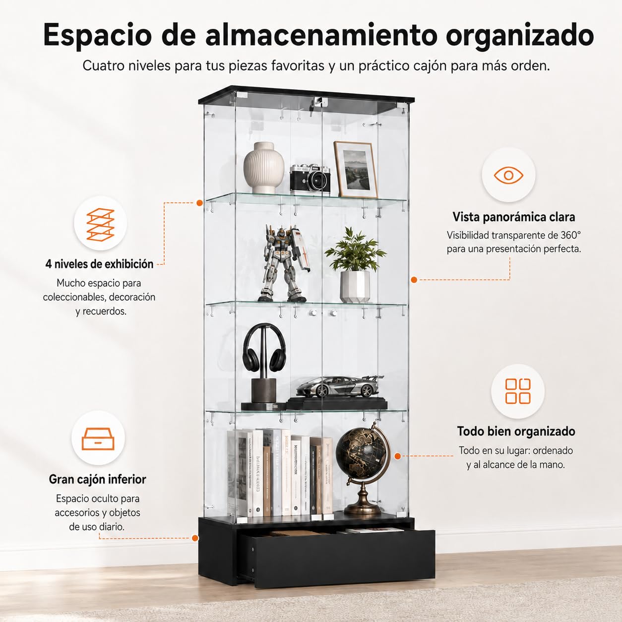 Vitrina de Cristal con Cajón Inferior, 4 Niveles, Estantes de Vidrio y Marco Negro, 69,9 x 35,3 x 179,8 cm, para Coleccionables, Figuras y Decoración