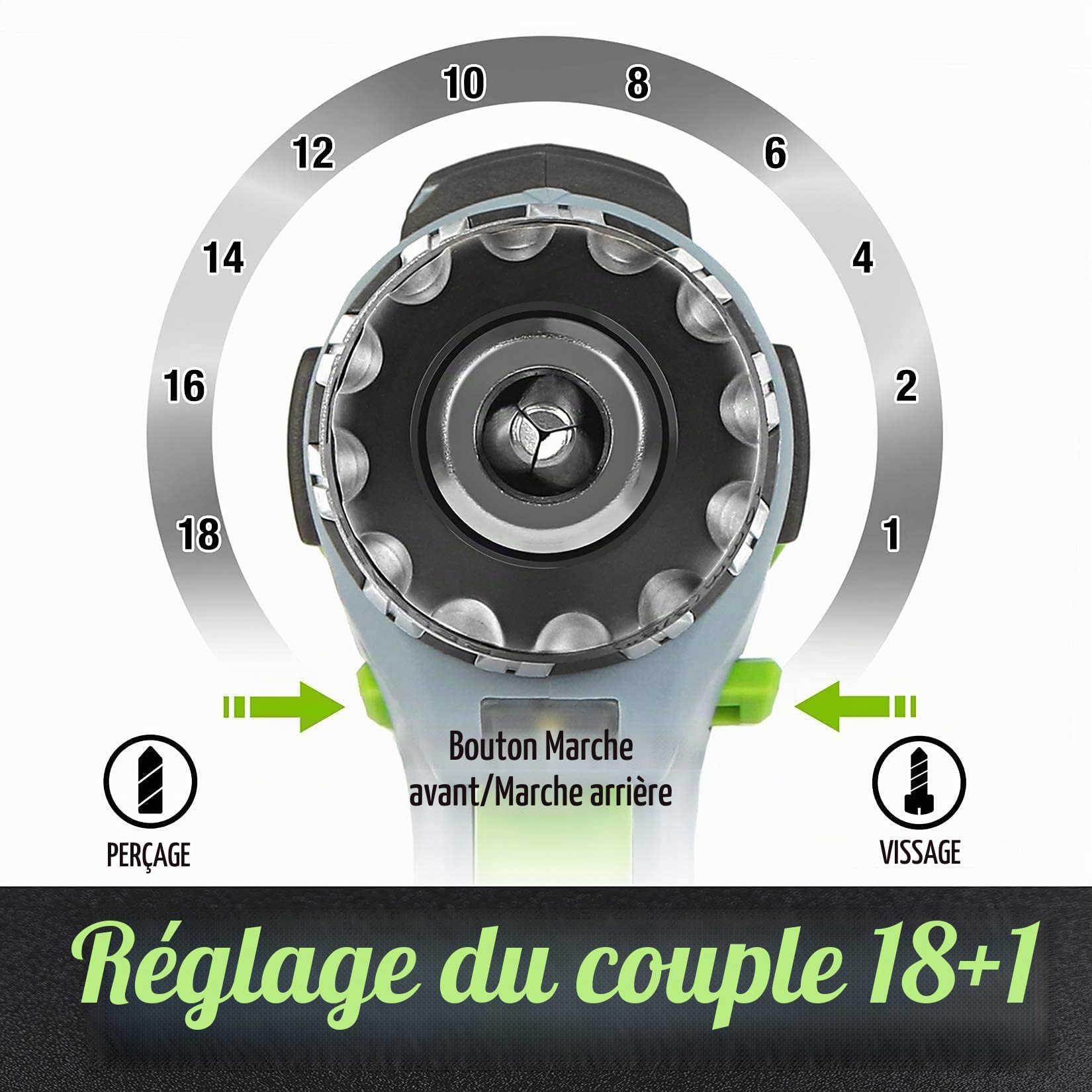 WORKPRO Perceuse Visseuse sans Fil 18V avec Mandrin 3/8’’, 2 Vitesses | Réglage de Couple 18 + 1, Charge Rapide 1H, Visseuse Devisseuse avec Batterie au Lithium-ion 2,0Ah et 16 Accessoirs