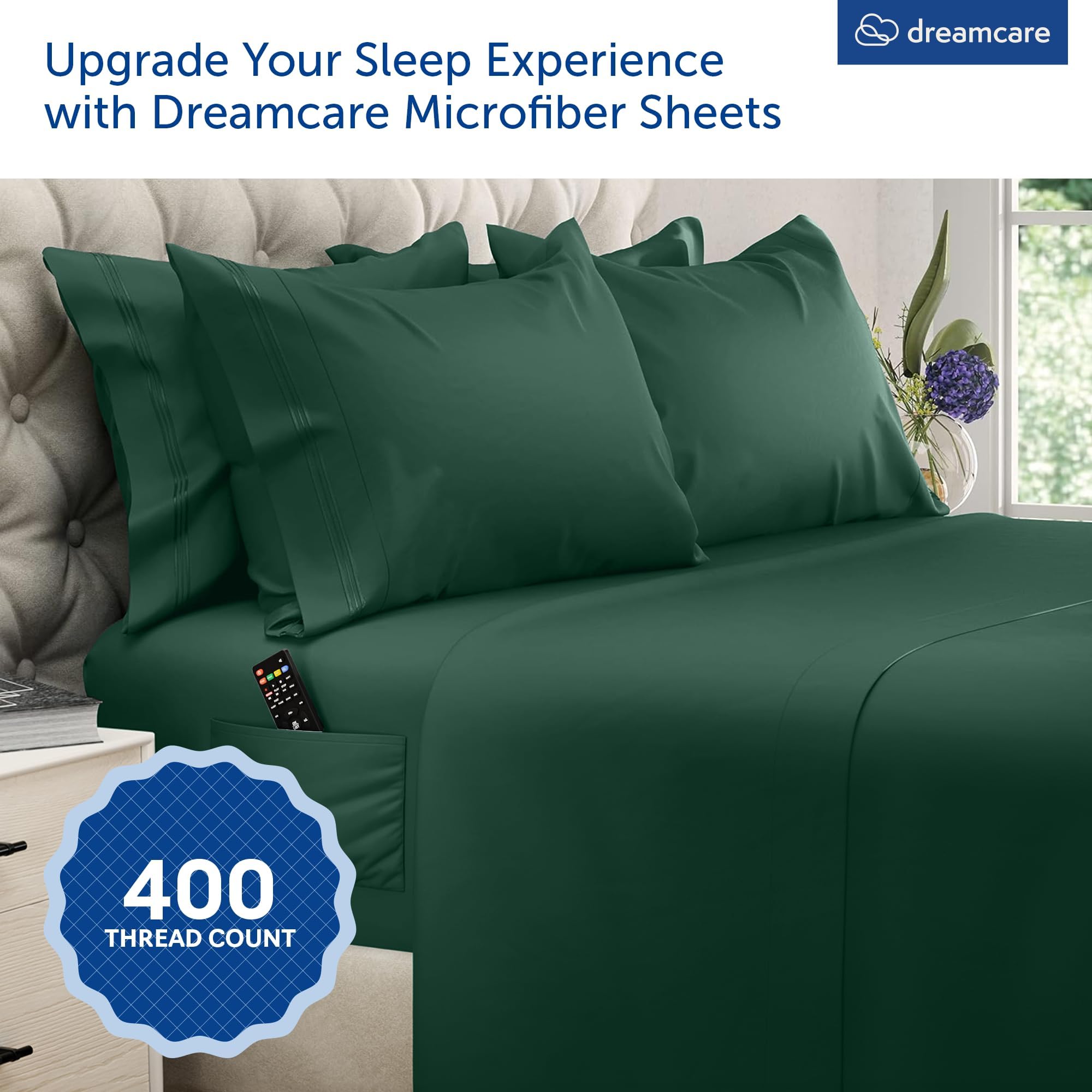 Condition photo showing New/Like New for dreamcare california king sheet sets - 6 pcs breathable cooling sheets | up to 21" extra deep california king sheets with side pockets -extra soft 100% double brushed hotel luxury bedding emrldgreen