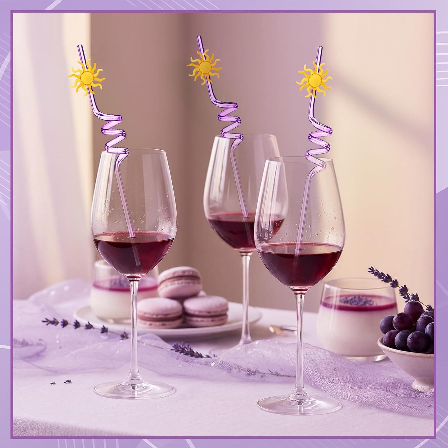 LemonRoad 24 Pcs Princess Theme Sun Drinking Straws Purple Sun Birthday Decorations Supplies for Wedding Lavender Theme Princess Birthday Party Supplies