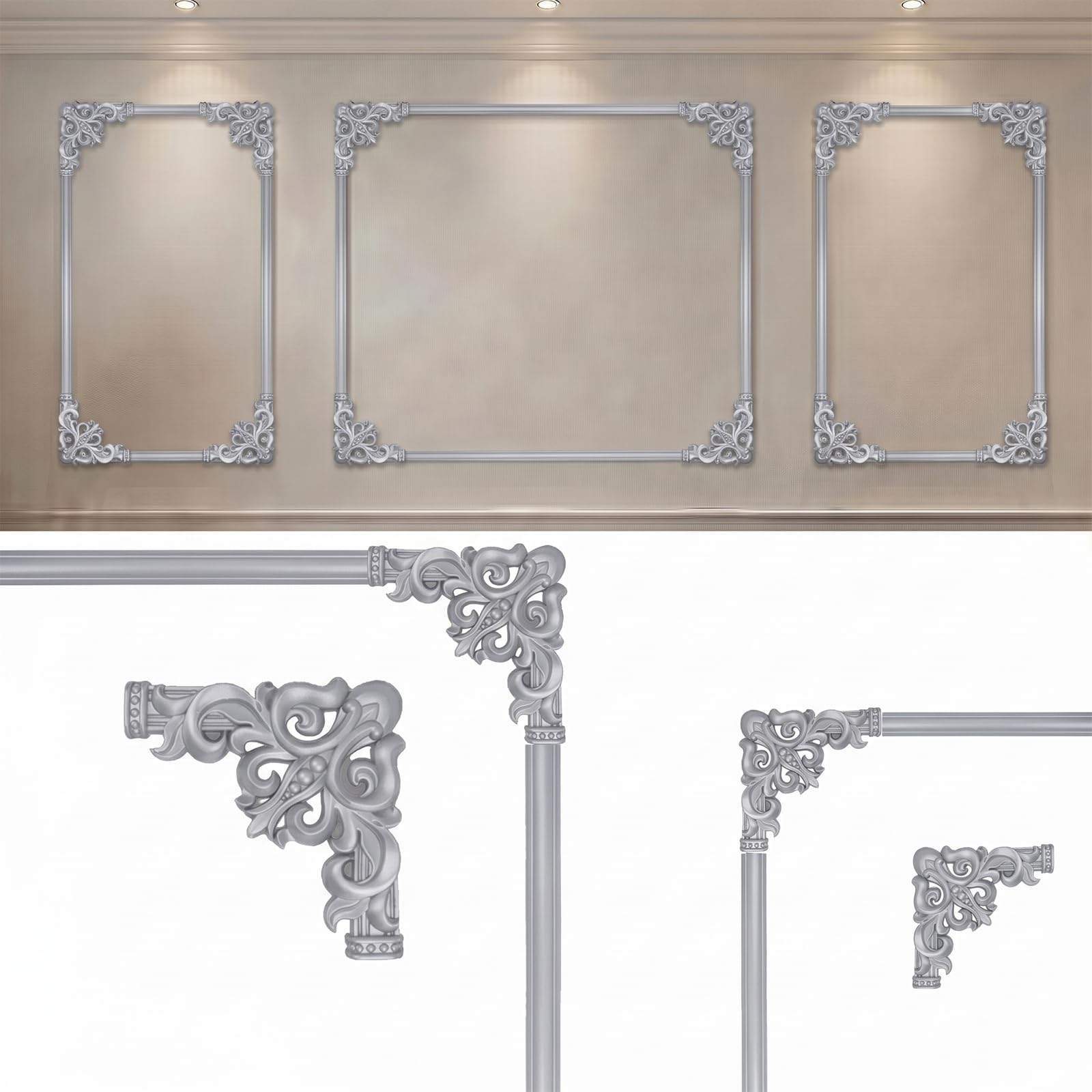 CBBEONRN Wall Molding Kit Corner Ornament Peel And Stick Flexible Trim for Interior Silver,10m