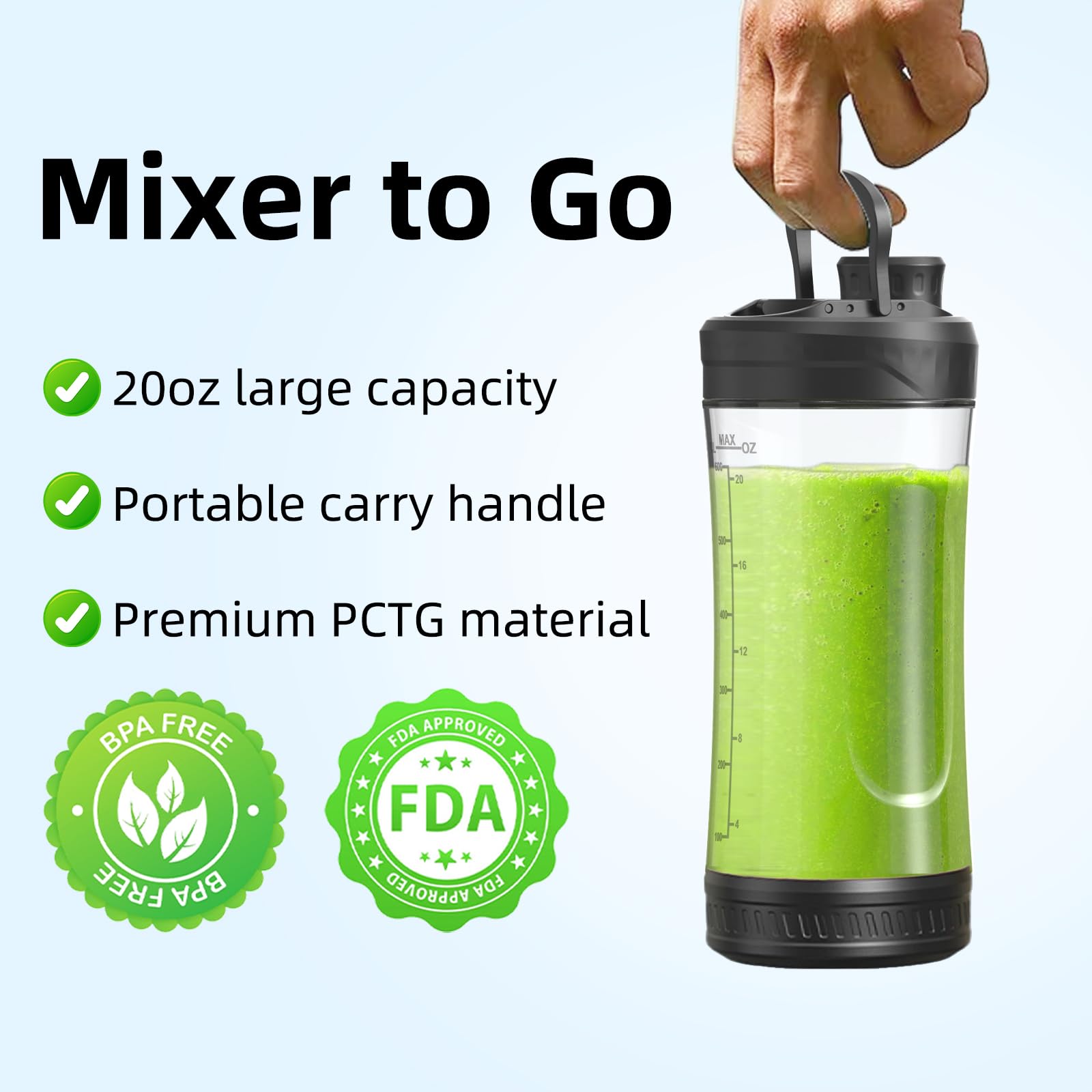 DENOKIN Mélangeur portable sans fil, 590 g, mélangeur personnel pour milkshakes et smoothies avec couvercle On Go et couvercle à siroter, petit mélangeur pour cuisine, maison, voyage