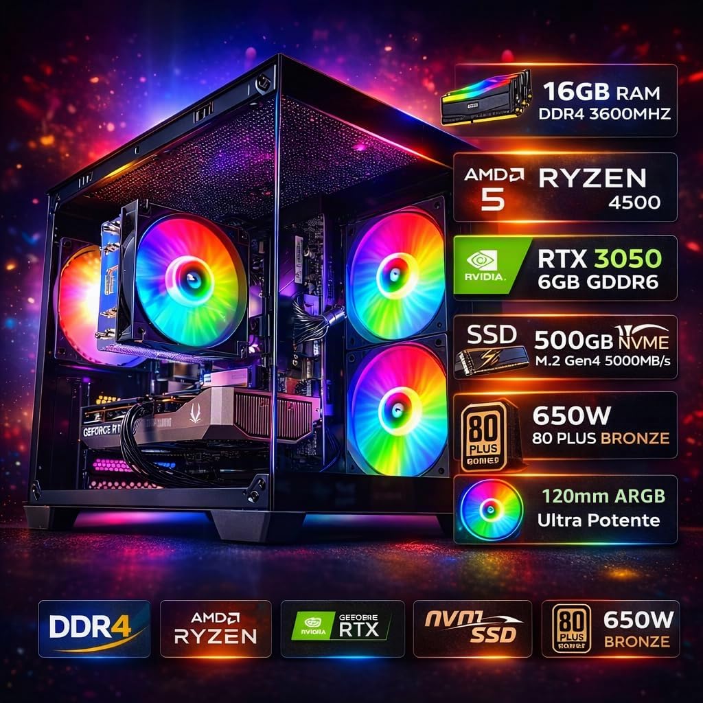 Golook PC Gaming Fisso, R5 4500, RTX 3050 6GB GDDR6, 16GB RAM, 500 GB NVME M.2, WiFi, Ethernet, Computer Fisso 2026