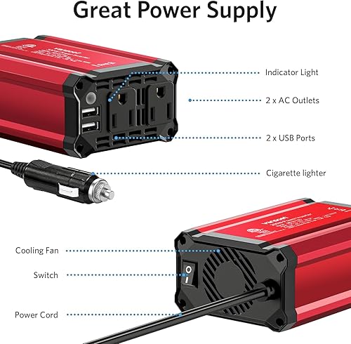 Miniatura 5 de Inversor de corriente para automóvil de 300 W, CC 12 V a 110 V inversor de automóvil con 2 salidas de CA y puertos USB dobles de 3.4 A, convertidor