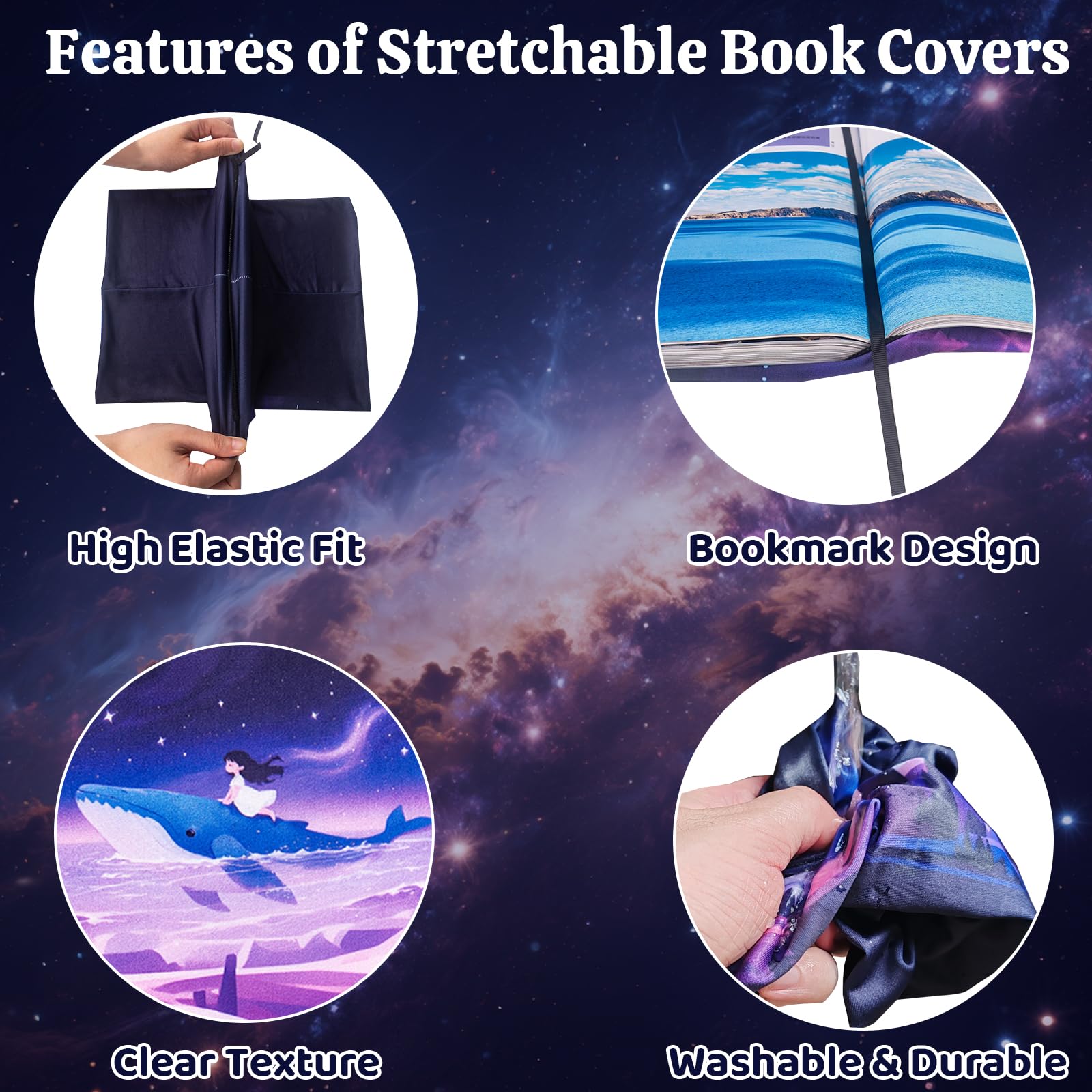 6 fundas elásticas para libros, tapa dura y libro de texto, tela de colores, lavable y reutilizable, para la escuela y la oficina, 9 x 11 pulgadas, seráfico