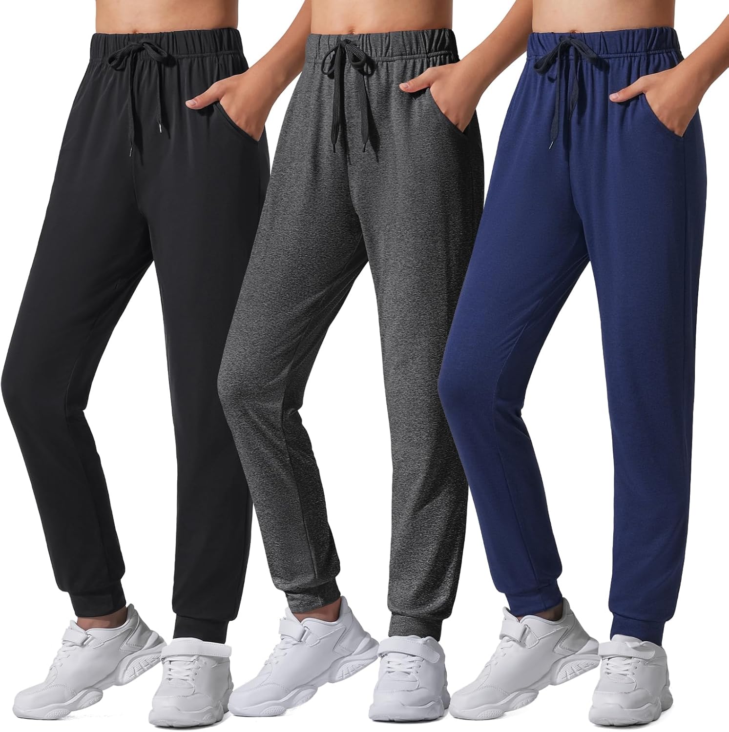 Auranso Girls Joggers 3 Pack Quick Dry Casual Sweatpants Kids Athletic Lounge Joggers Boys Active Running Pants with Pockets
