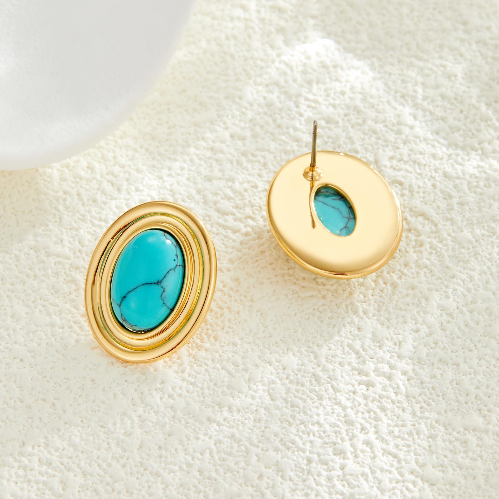 Aretes gruesos de color dorado, geométricos de oro de 18 quilates, turquesa, lapislázuli, verde, rojo, ovalados para mujer, Mediana, Latón, No es una piedra preciosa 5