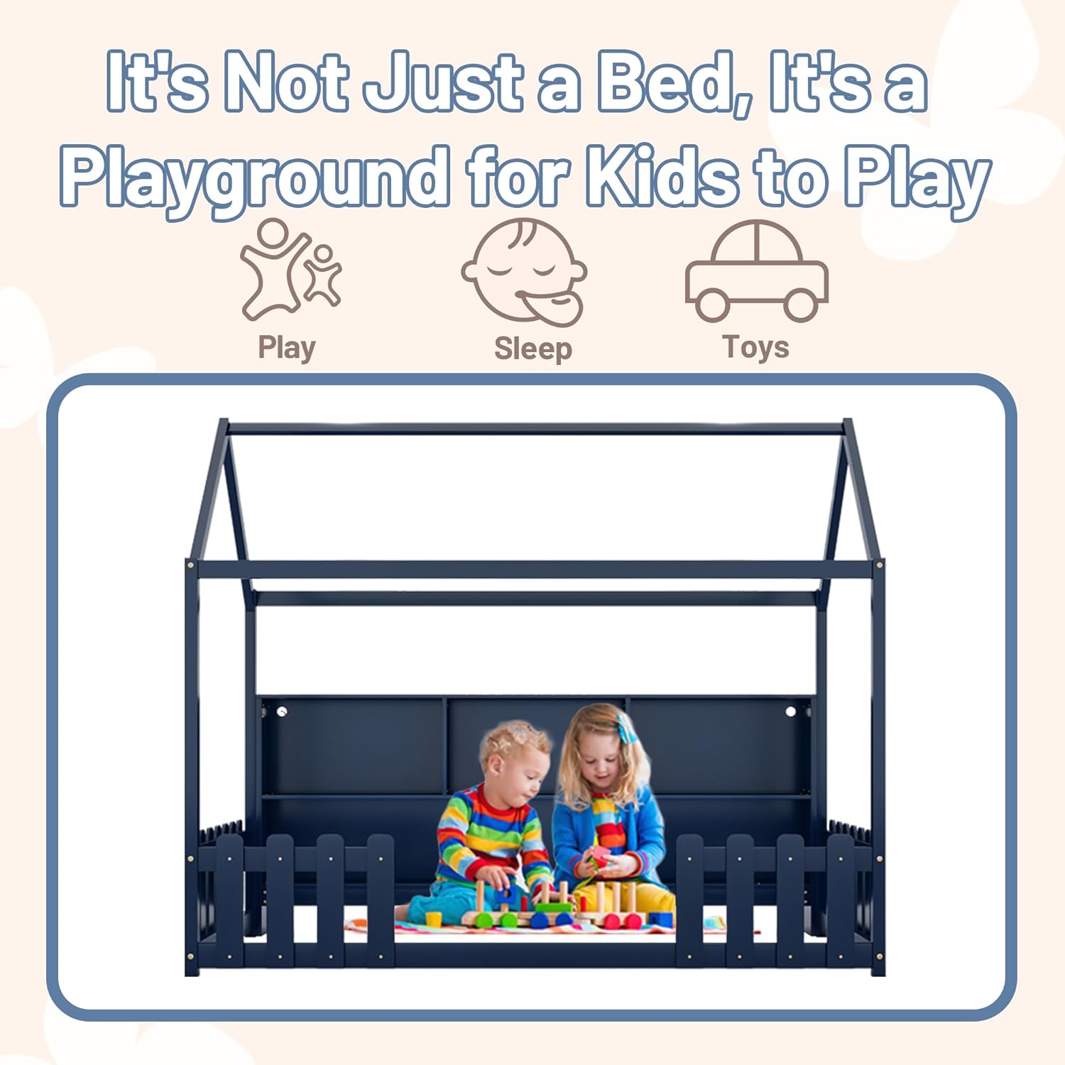 Twin House Bed for Kids with LED Light, Wood Kids Bed Frame with Storage Bookshelf, Montessori Floor Bed with Storage & Roof, Child Twin Frame with Guardrails for Boys and Girls, Navy Blue