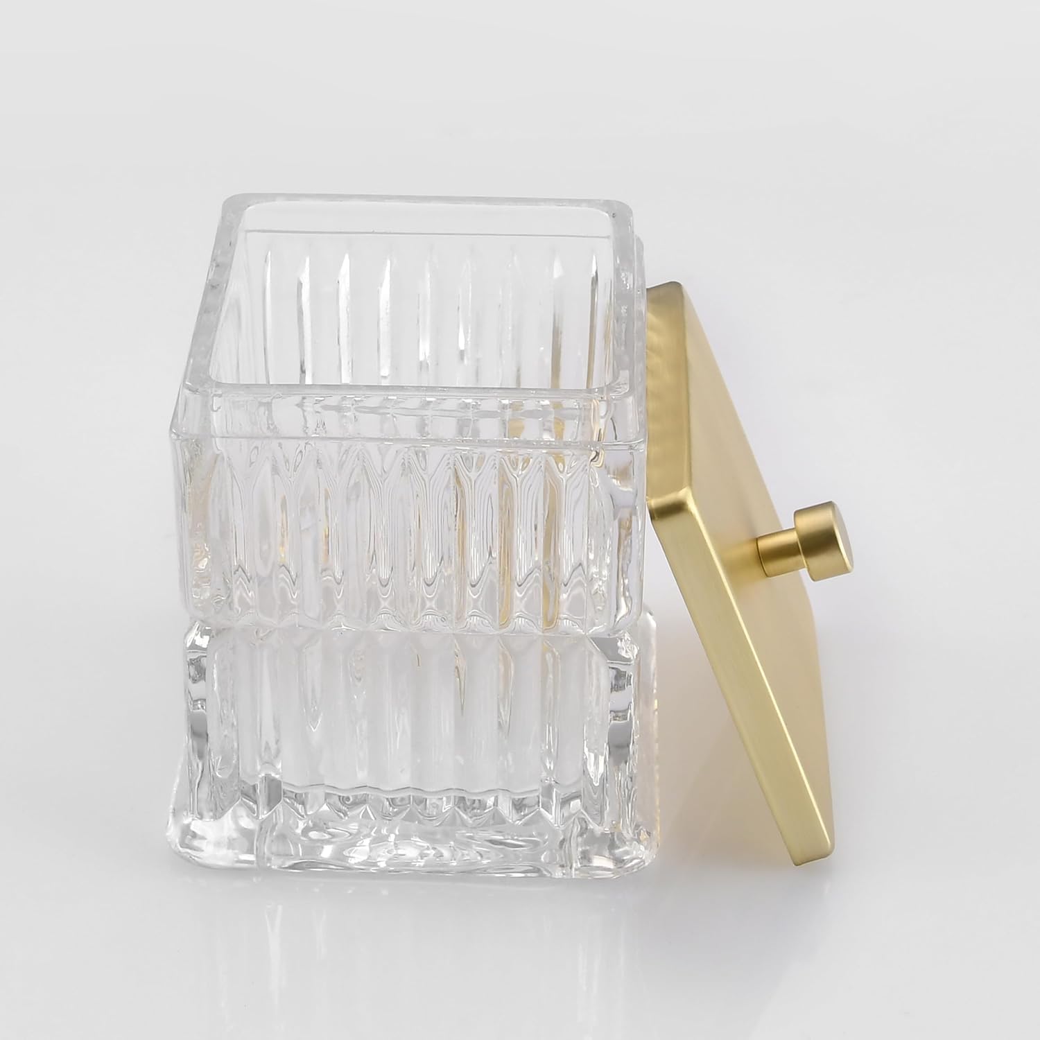 Vince Camuto Home Glass Cotton Jar Holder – Matte Gold Lid, Elegant Bathroom Storage Canister for Qtips, Cotton Balls, Floss, Makeup Organizer, Vanity & Bathroom Organization