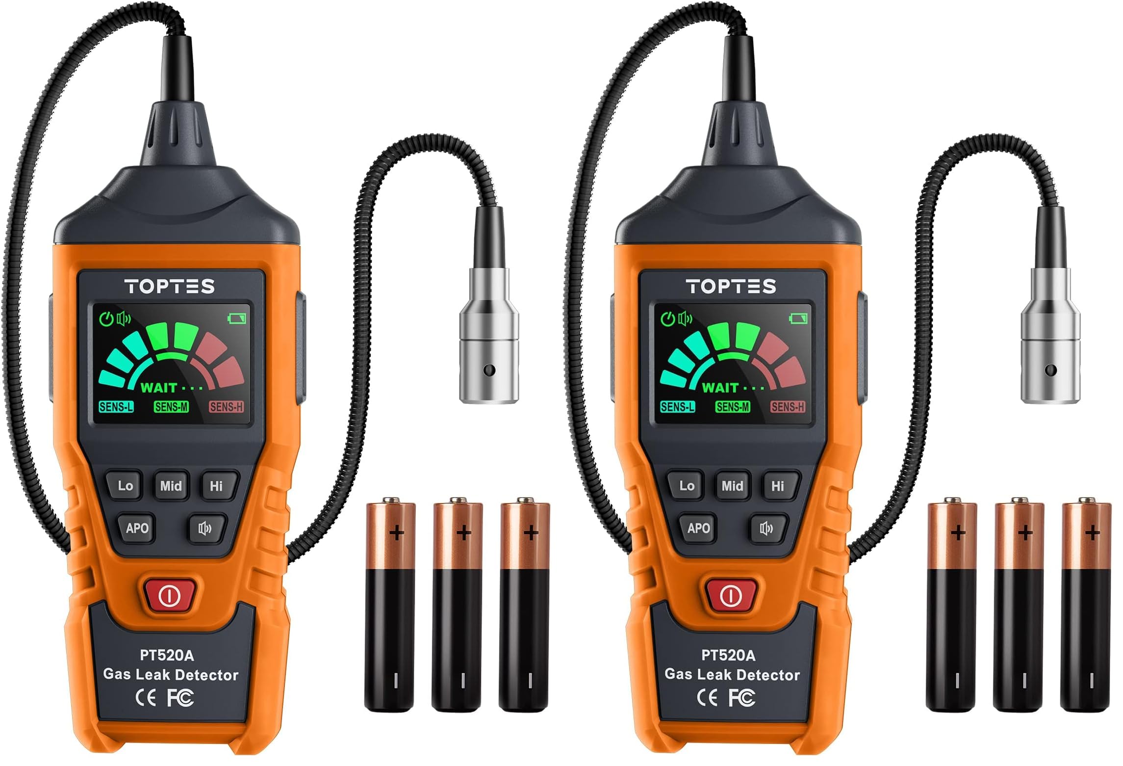PT520A Natural Gas Detector, Gas Leak Detector with 17-Inch Gooseneck, Locating The Source Like Propane, Methane, and Butane for Home and RV (Includes Battery x3) - Orange (Pack of 2)