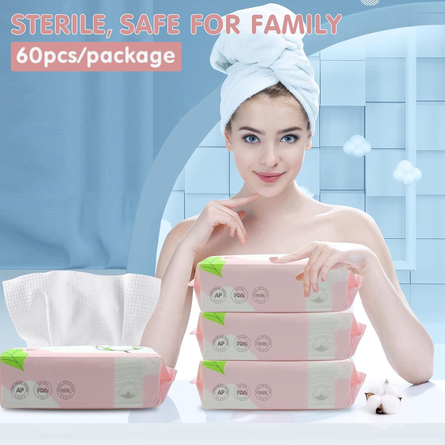 Disposable Face Towel Dry Wipes, 100% Cotton Facial Tissue, Lint Free Facial Cleansing Towels, Super Absorbent Dry and Wet Use for Makeup Removing, Sensitive/Baby Skin (3 Pack-180 Count) - Image 7