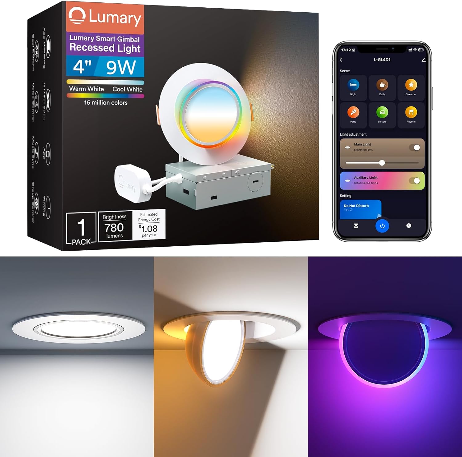 Lumary Smart Gimbal Recessed Lighting 4 Inch Pro, Dual-Controlled CCT Main & RGBAI Auxiliary WiFi LED Recessed Downlights, 270°+90° Adjustable Directional, Compatible with Alexa/Google, 1 Pack Lumary Smart Gimbal Recessed Lighting 4 Inch Pro, Dual-Controlled CCT Main & RGBAI Auxiliary WiFi LED Recessed Downlights, 270°+90° Adjustable Directional, Compatible with Alexa/Google, 1 Pack