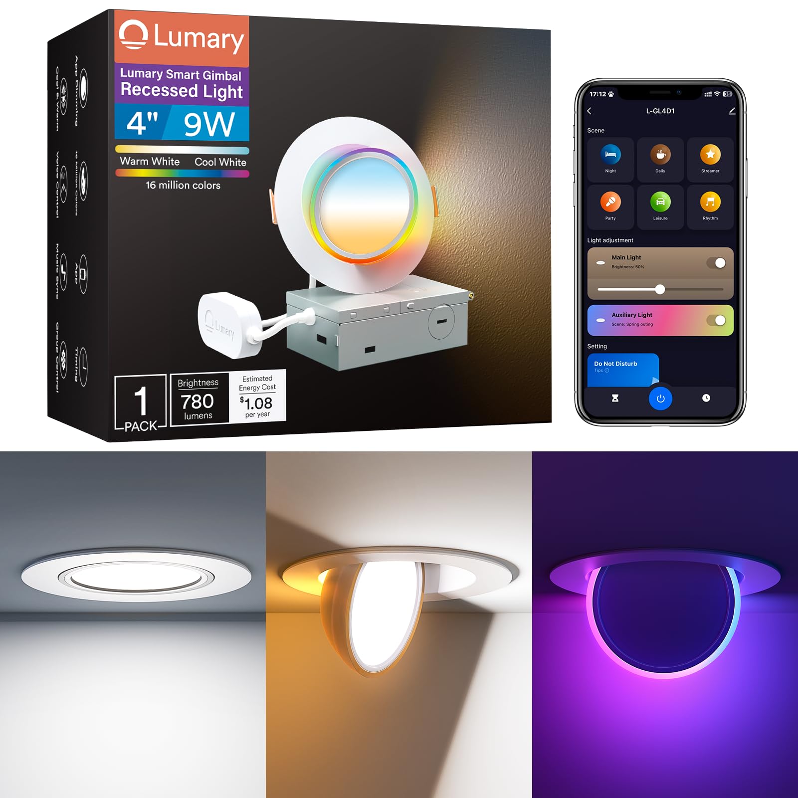 Lumary Smart Gimbal Recessed Lighting 4 Inch Pro, Dual-Controlled CCT Main & RGBAI Auxiliary WiFi LED Recessed Downlights, 270°+90° Adjustable Directional, Compatible with Alexa/Google, 1 Pack