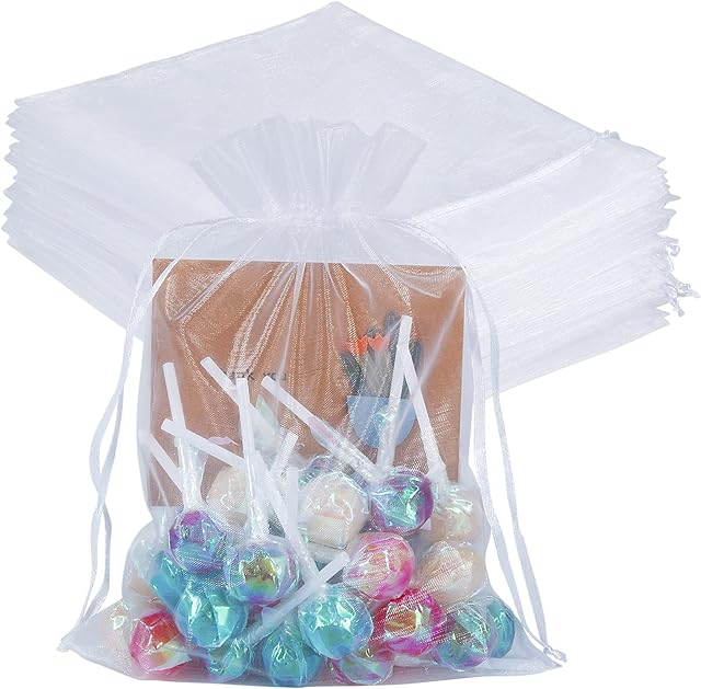 100pcs White Organza Bags Large, 16.5 x 22.5cm Drawstring Gift Bags Mesh Jewelry Pouches for Christmas Wedding Shower Party Favours