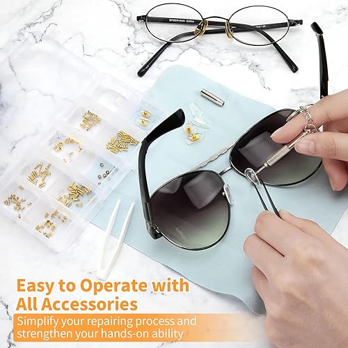 Miniatura 7 de Kit de reparación de gafas, kit de reparación de cristales con tornillos dorados, almohadillas para la nariz, juego de destornilladores y marcos de