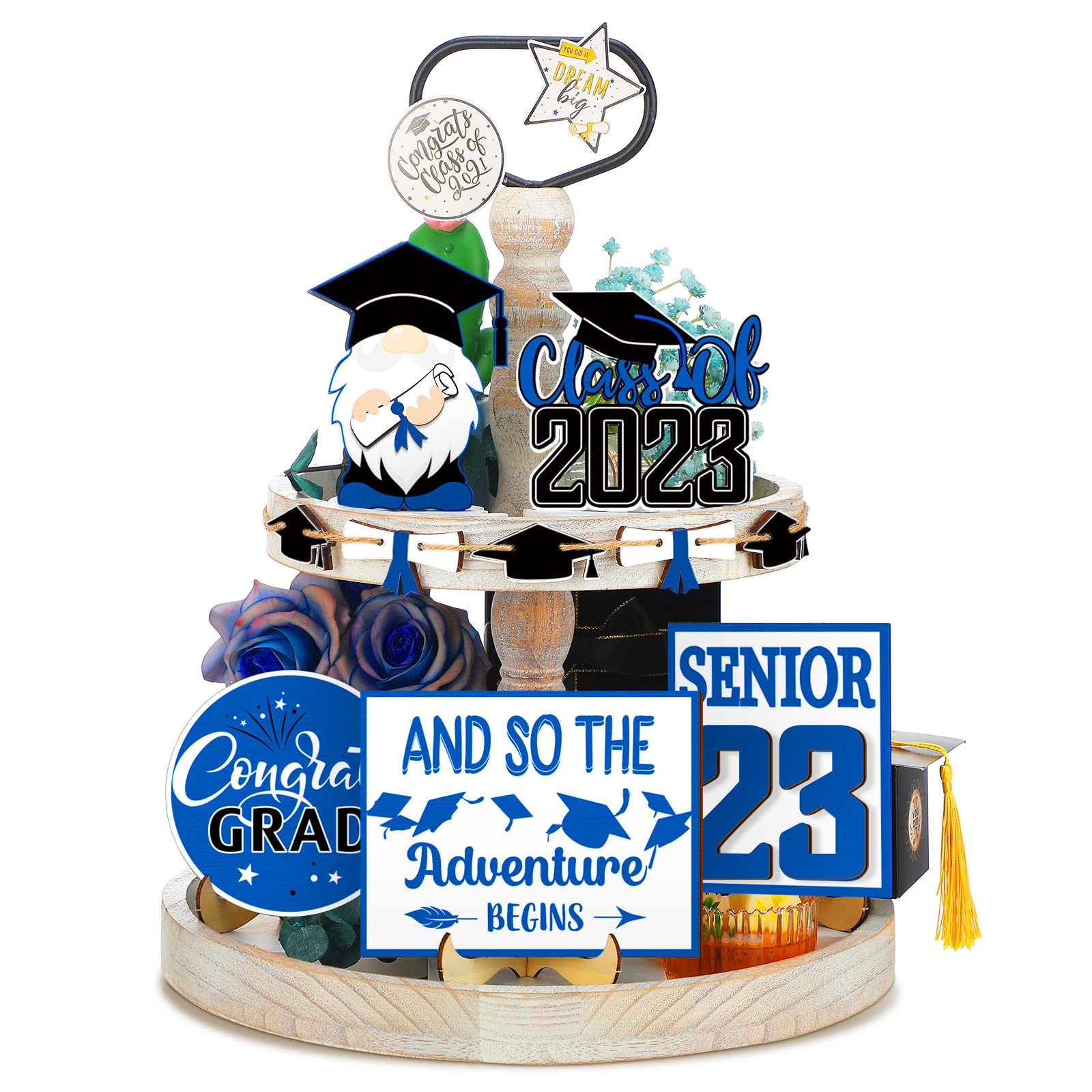 10 Pieces Graduation Tiered Tray Decor Class of 2023 Wooden Sign 2023 Congrats Grad Wood Signs Gnomes Tiered Tray Decor for Graduation Party Home Room Table Mantle (3D Style)