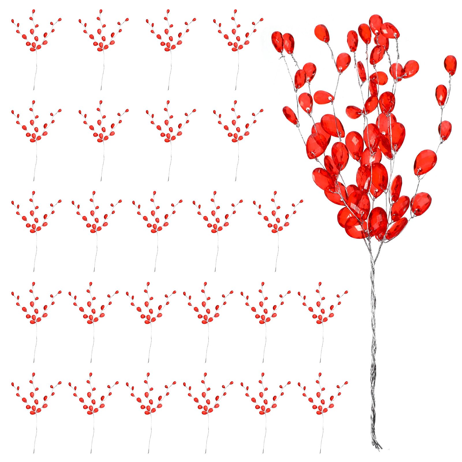 Photo 1 of 25 PCS Acrylic Crystal Flower Branches, Red Floral Picks Artificial Bead Drop Bouquets, Glitter Arrangement with Wire for Christmas Thanksgiving Day Wedding Home Decoration