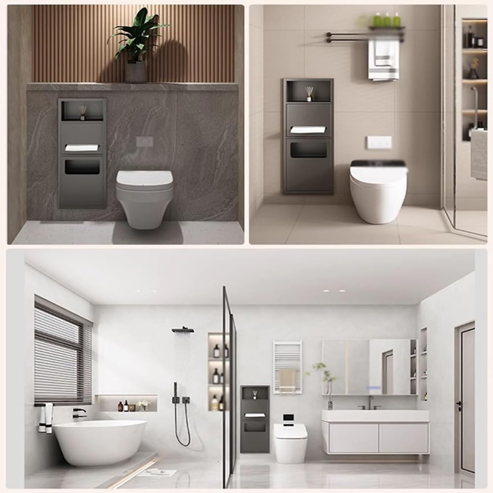 UPJAKS Secamanos Dispensador de Toallas de Papel Empotrado de Acero Inoxidable con Bote de Basura y Almacenamiento Dispensador de Toallas de Mano para baño con gabinete para escobilla de baño Hotel