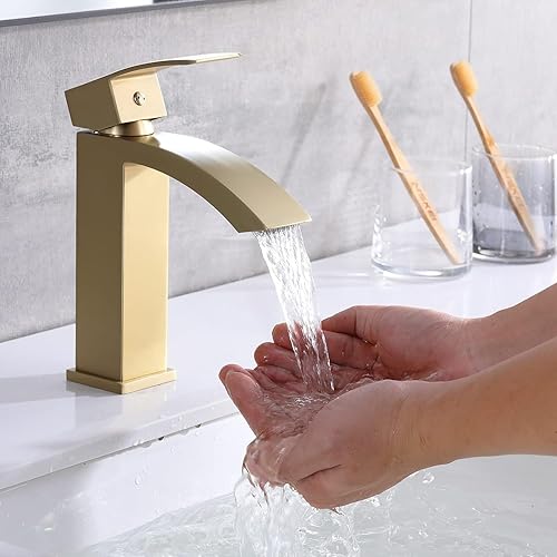 Miniatura 9 de Grifo de baño en cascada de una sola manija, grifo de baño para 1 o 3 agujeros, grifo de lavabo de cascada moderno, grifo de lavabo de oro cepillado