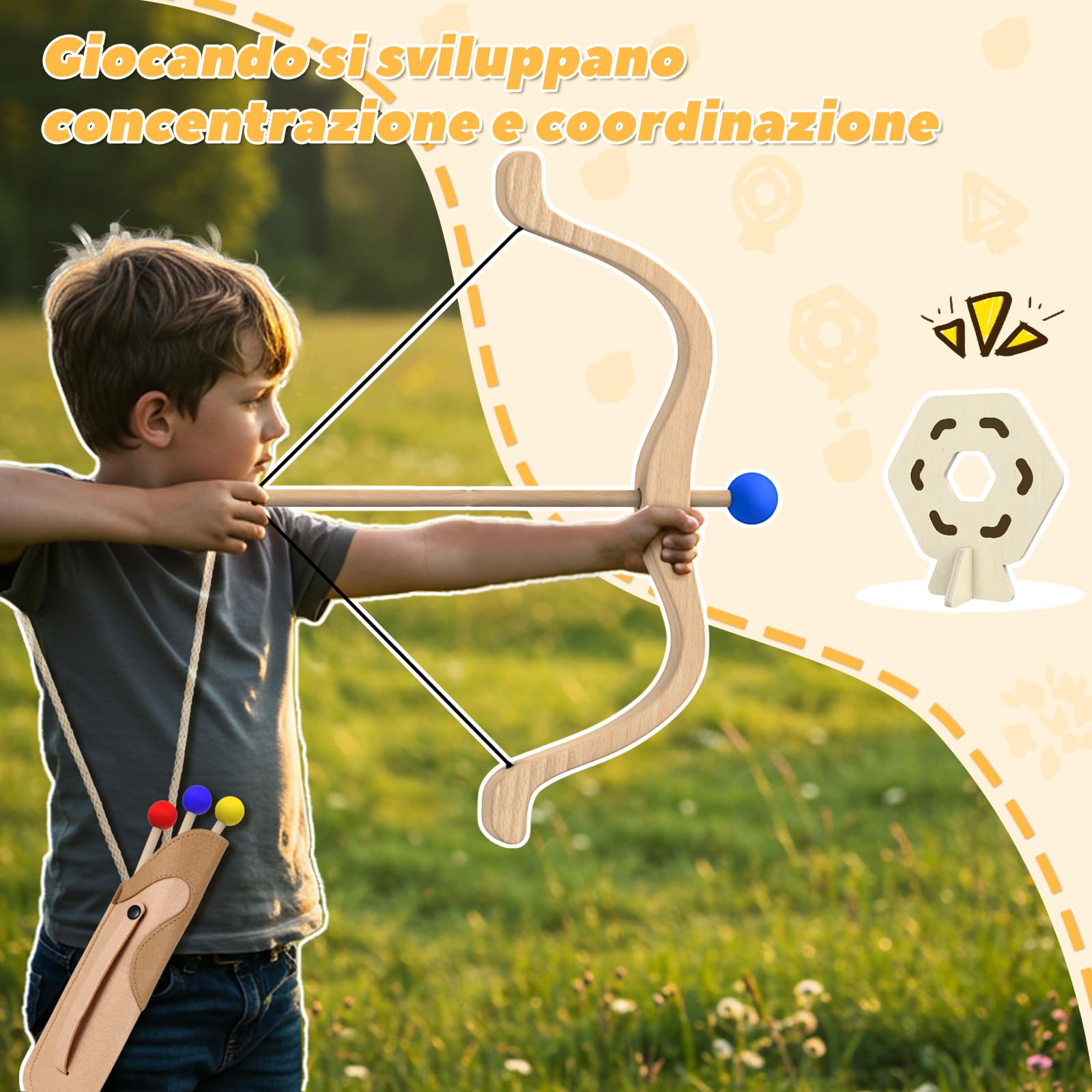 Set di Tiro con l'Arco in Legno per Bambini con 3 Frecce, 3 Bersagli e Faretra