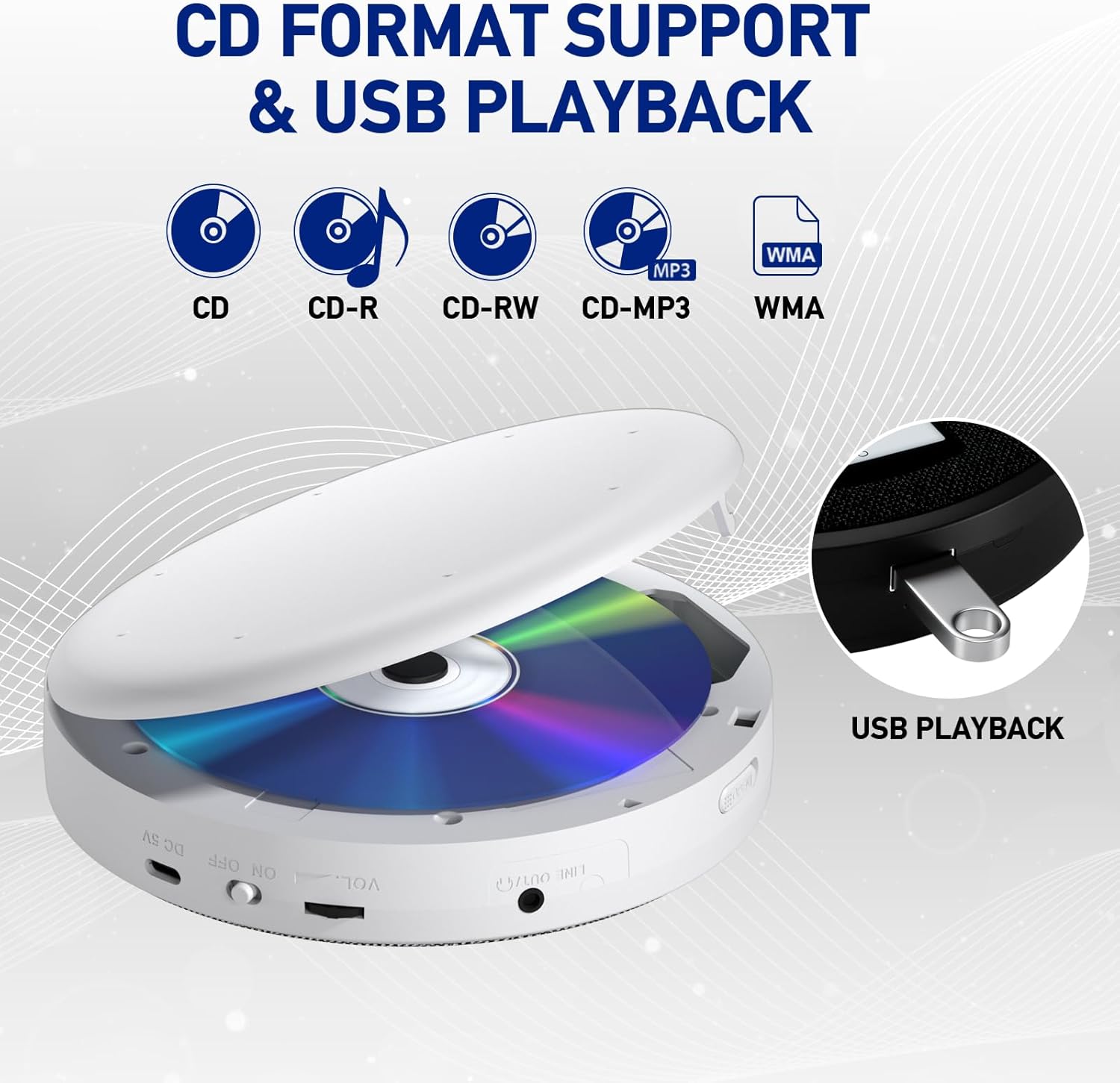 CD Player Portable, Rechargeable Portable CD Player with Dual Speakers and Anti Skip,CD,Dual Bluetooth,FM Transmission,USB,AUX,LCD Display,Sensitive Button,Repeat,10 Speeds for Home Car White
