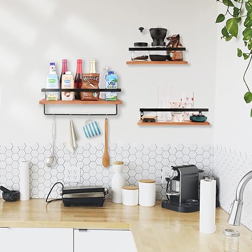 Miniatura 5 de Estante flotante montado en la pared, juego de 3, estante de almacenamiento de cocina y baño, estantes de madera con toallero protector, estante de